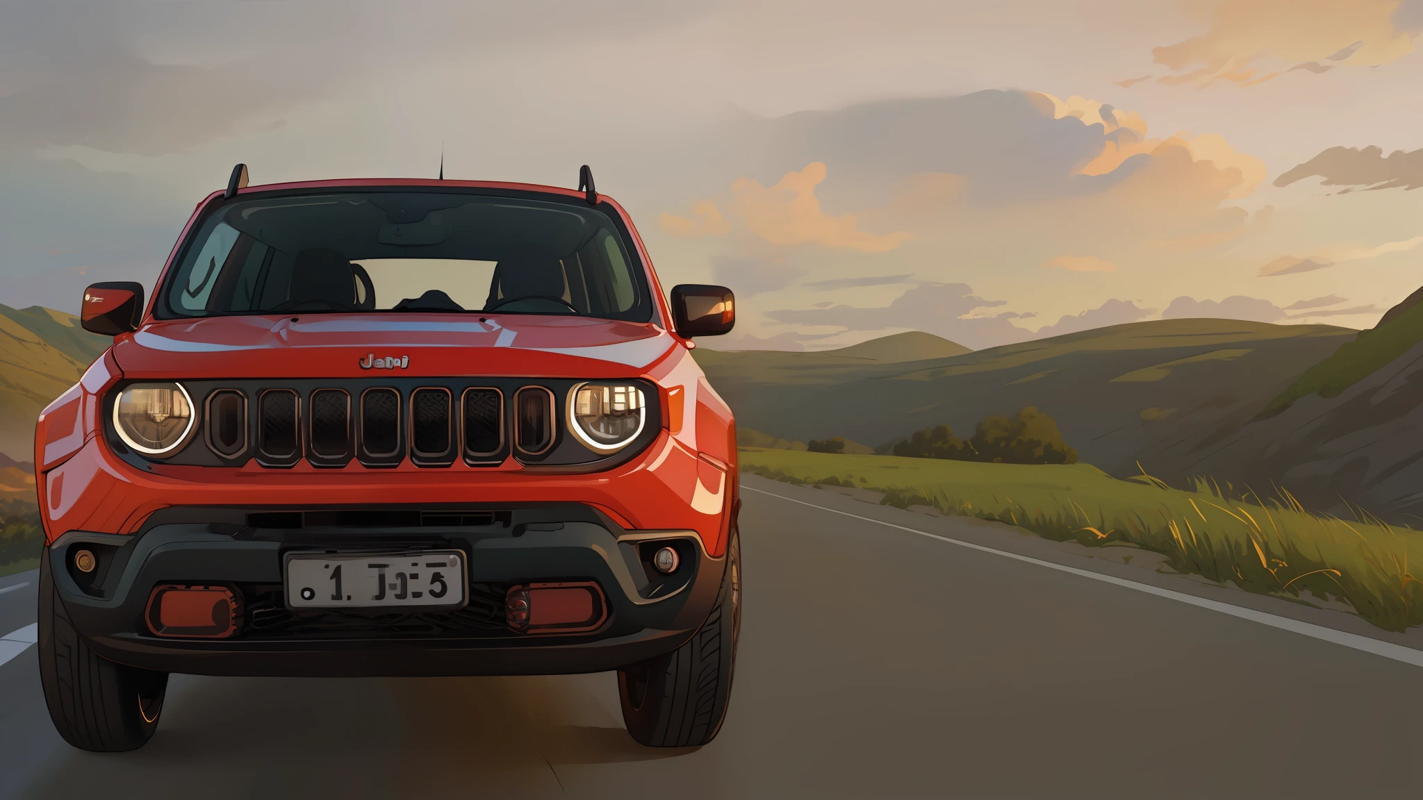 jeep renegade driving on a road at sunset with clouds in the background, jeep, shot at golden hour, cinematic front shot, 🤬 🤮 💕 🎀, a wide full shot, 🦩🪐🐞👩🏻🦳, ultra wide-shot, jeep in background, scenic full shot, cinematic full shot, taken at golden hour