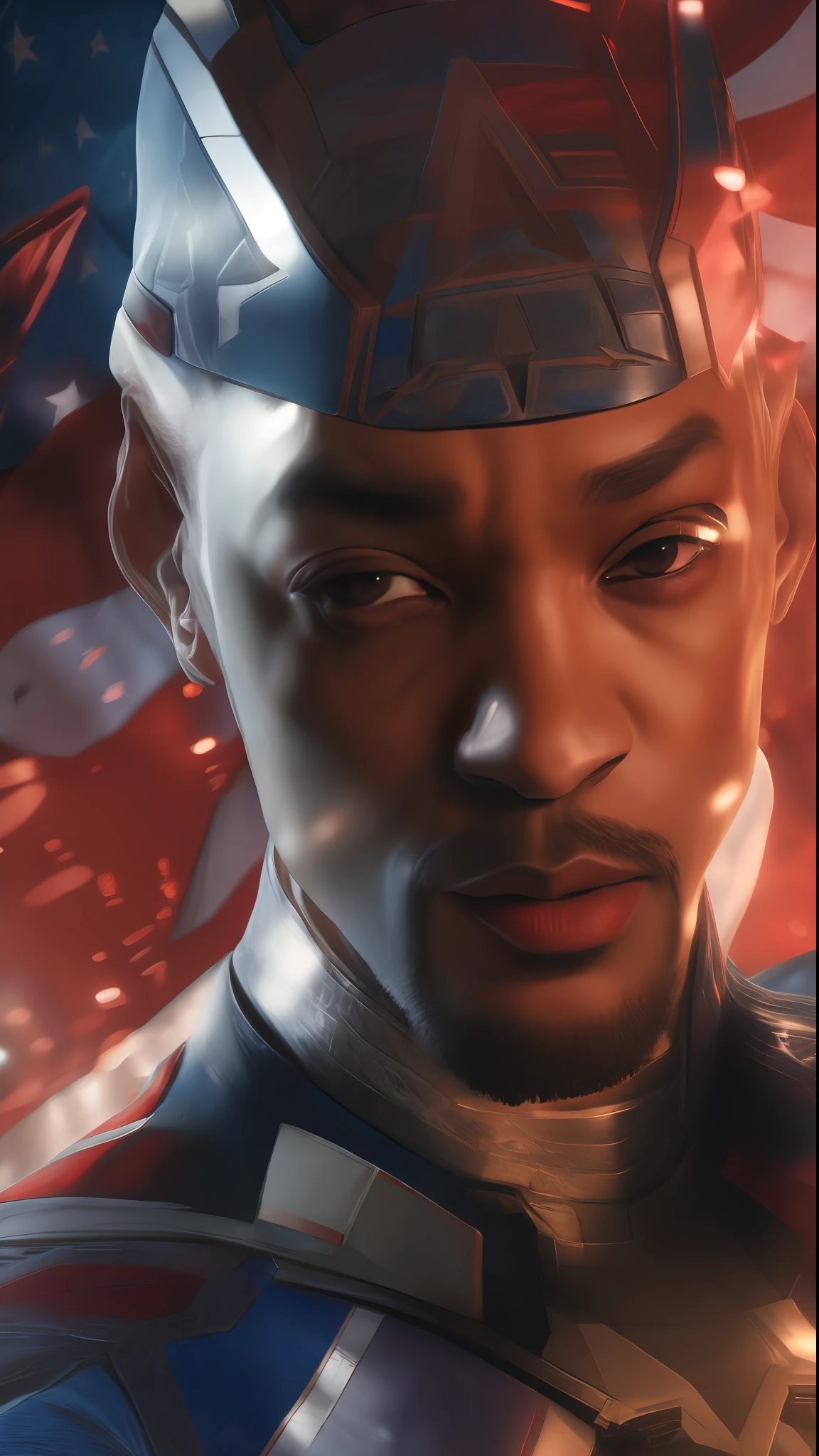 . .Tarantino style Will Smith as Captain America 8k, high definition, detailed face, detailed face, detailed eyes, detailed suit, in style of marvel and dc, hyper-realistic, + cinematic shot + dynamic composition, incredibly detailed, sharpen, details + superb details + evening with light + perfectionism + award winning realism ((moody lighting))
