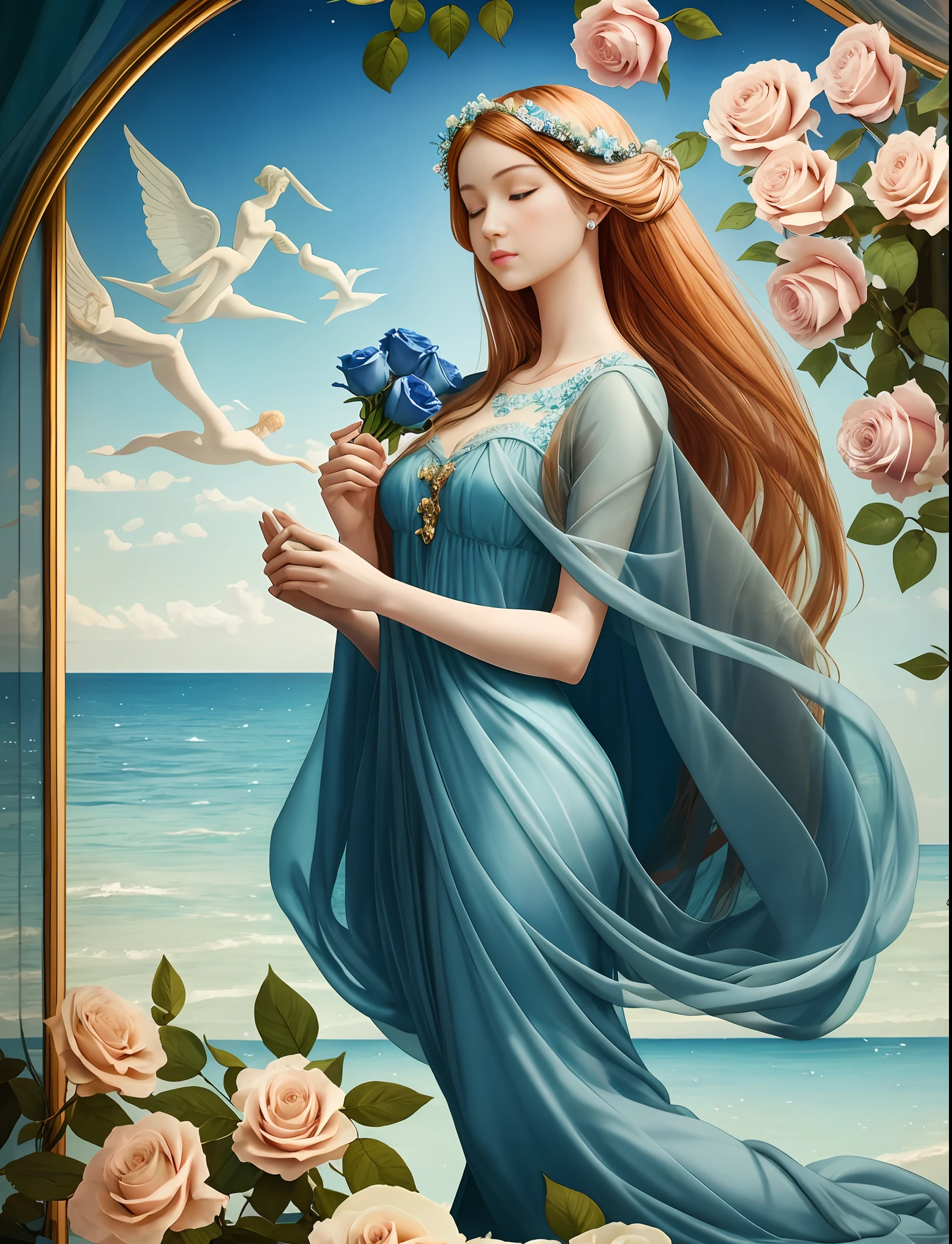 "Draw a scene that depicts a variation of the 'Birth of Venus', inspired by the famous work of Sandro Botticelli. In this version, Venus is sitting gracefully on a giant shell, with her legs crossed in a meditation position. She's gently holding a wad of blue roses in her hands, while keeping her eyes closed and a serene expression on her face. The blue roses symbolize tranquility and inner peace. Be sure to capture the tranquility and grace in the traces of Venus, as well as the serene environment around you. The scene should be composed of soft colors and pastel tones, creating an atmosphere of calm and contemplation."