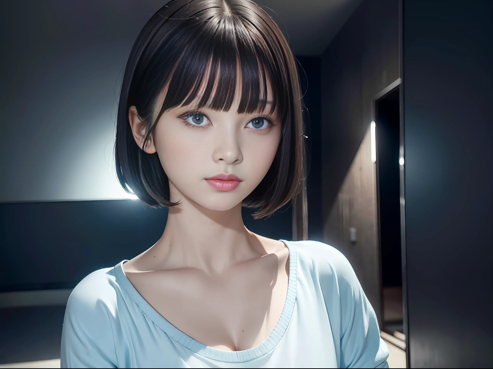 8K, Best Quality, 1girl, Masterpiece,8K, (Night, Upper Body:1.5),Withdrawn Camera POV, 15 years old,Beautiful girl,Expressionless,Look at the front,(More bangs:1.5),White blouse, (Shorts:1.1), (Bob-cut hair:1.2) , (Closed mouth:1.2, Blue eyes, High nose, Beautiful sharp face) ,(Wonderfully beautiful eyes:1.4) ,No makeup, Dark atmosphere ,Dismal,Perspective, Depth of Field, Ultra Realistic, High Resolution, Photography, Sharp Focus, HDR, Face Light, Dynamic Lighting, Maximum Detail, Extreme Detail, Ultra Detail, Detail, Real Skin, Delicate Facial Features