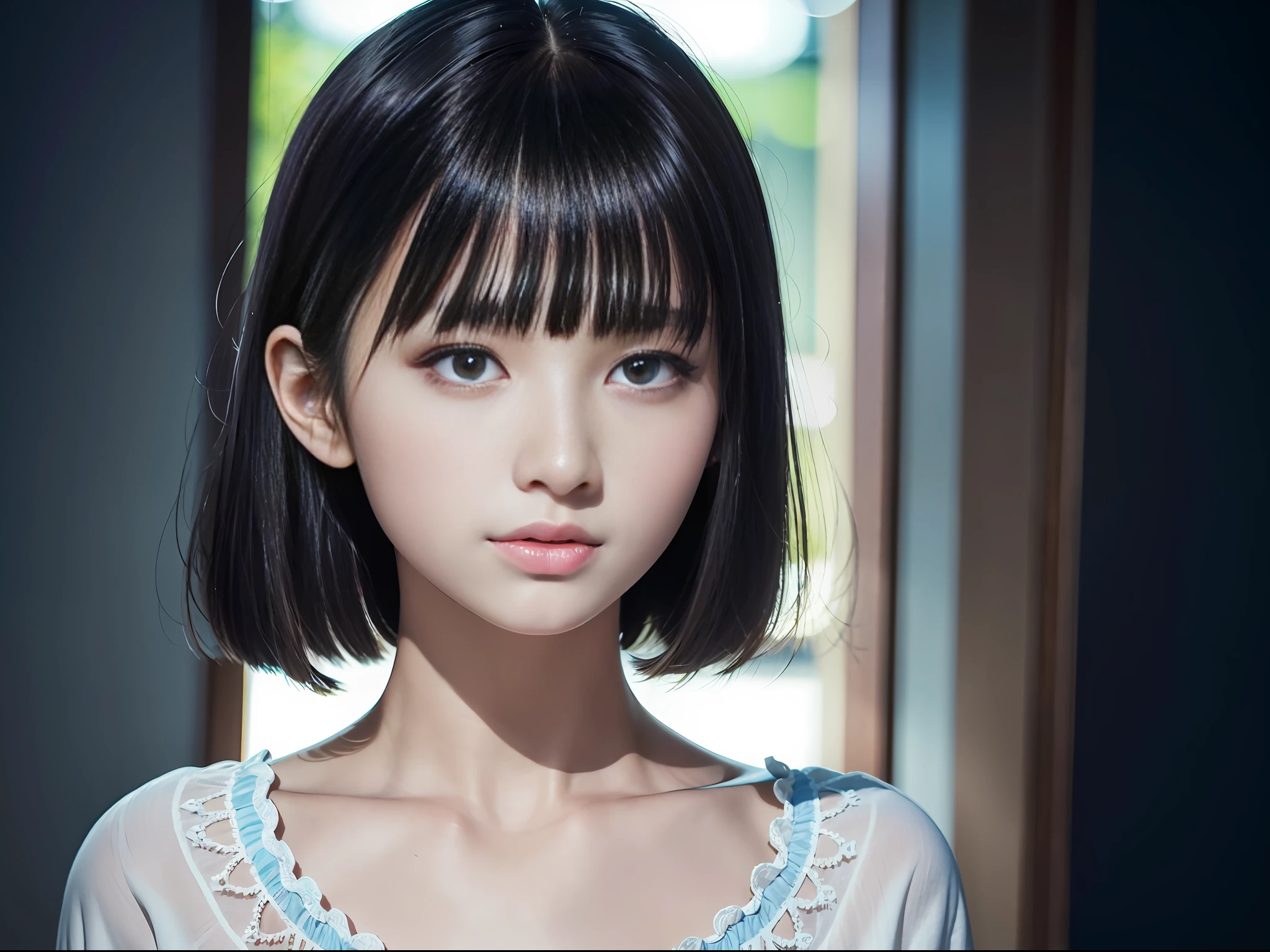 8K, Best Quality, 1girl, Masterpiece,8K, (Night, Upper Body:1.5),Withdrawn Camera POV, 15 years old,Beautiful girl,Expressionless,Look at the front,(More bangs:1.5),White blouse, (Shorts:1.1), (Bob-cut hair:1.2) , (Closed mouth:1.2, Blue eyes, High nose, Beautiful sharp face) ,(Wonderfully beautiful eyes:1.4) ,No makeup, Dark atmosphere ,Dismal,Perspective, Depth of Field, Ultra Realistic, High Resolution, Photography, Sharp Focus, HDR, Face Light, Dynamic Lighting, Maximum Detail, Extreme Detail, Ultra Detail, Detail, Real Skin, Delicate Facial Features