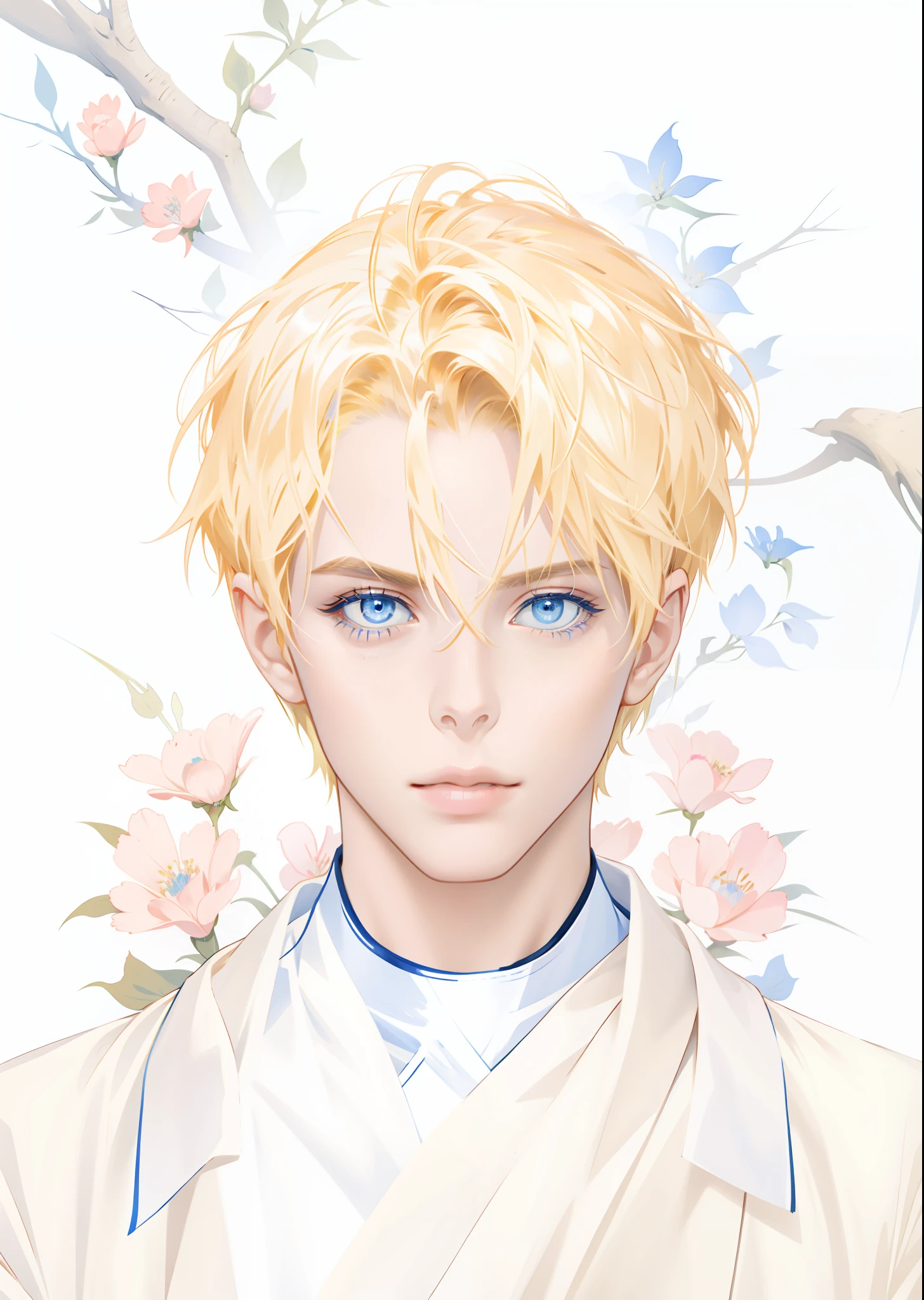 (Masterpiece, best quality), 1 male, delicate eyes and detailed face, extremely detailed CG unified 8k wallpaper, intricate details, fantasy, short hair, blonde, blue eyes