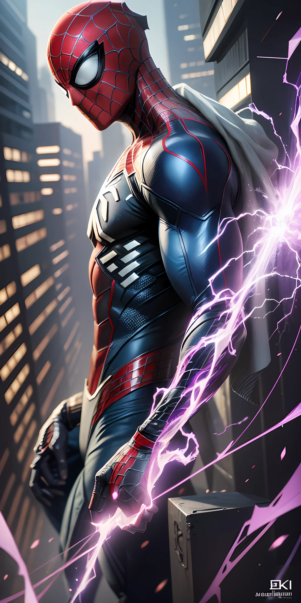 The best possible quality in 8k resolution with an ultra-detailed image of Spider-Man in a futuristic white and purple suit fused with the Captain America suit, with a metallic web background. The focus is on the detailed textures and light and shadow effects on the suit. Add a touch of Cyberpunk style to the composition. Metaphor with metallic cobweb in the background, will add a stunning effect to the final image. ." --auto --s2