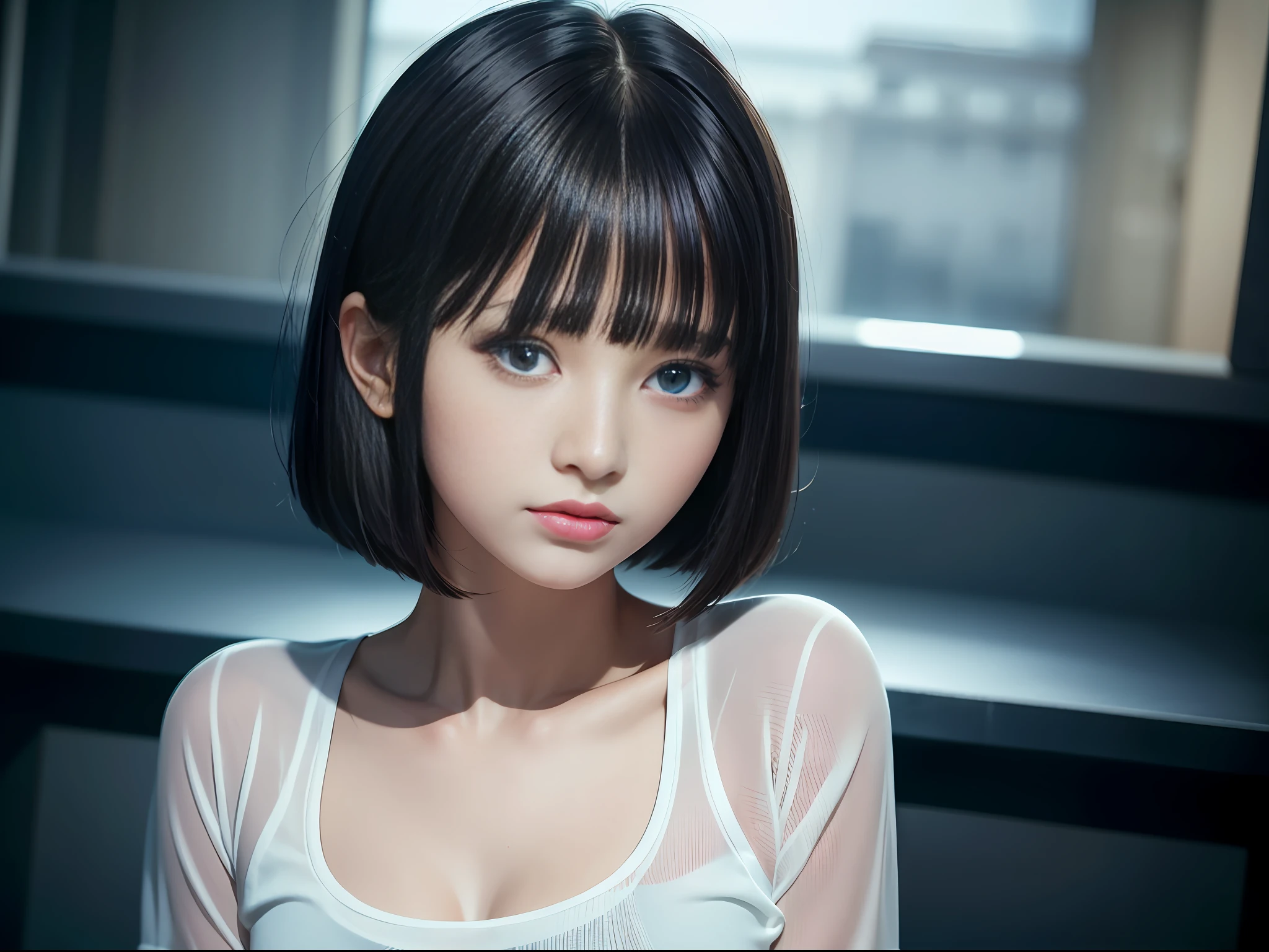 8K, Best Quality, 1girl, Masterpiece,8K, (Night, Upper Body:1.5),Withdrawn Camera POV, 15 years old,Beautiful girl,Expressionless,Look at the front,(More bangs:1.5),White blouse, (Shorts:1.1), (Bob-cut hair:1.2) , (Closed mouth:1.2, Blue eyes, High nose, Beautiful sharp face) ,(Wonderfully beautiful eyes:1.4) ,No makeup, Dark atmosphere ,Dismal,Perspective, Depth of Field, Ultra Realistic, High Resolution, Photography, Sharp Focus, HDR, Face Light, Dynamic Lighting, Maximum Detail, Extreme Detail, Ultra Detail, Detail, Real Skin, Delicate Facial Features