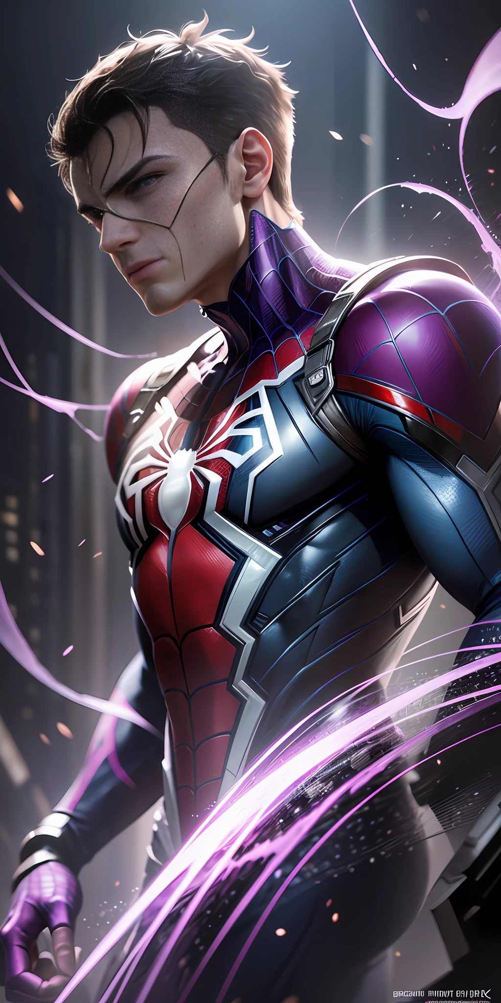 The best possible quality in 8k resolution with an ultra-detailed image of Spider-Man in a futuristic white and purple suit fused with the Captain America suit, with a metallic web background. The focus is on the detailed textures and light and shadow effects on the suit. Add a touch of Cyberpunk style to the composition. Metaphor with metallic cobweb in the background, will add a stunning effect to the final image. ." --auto --s2