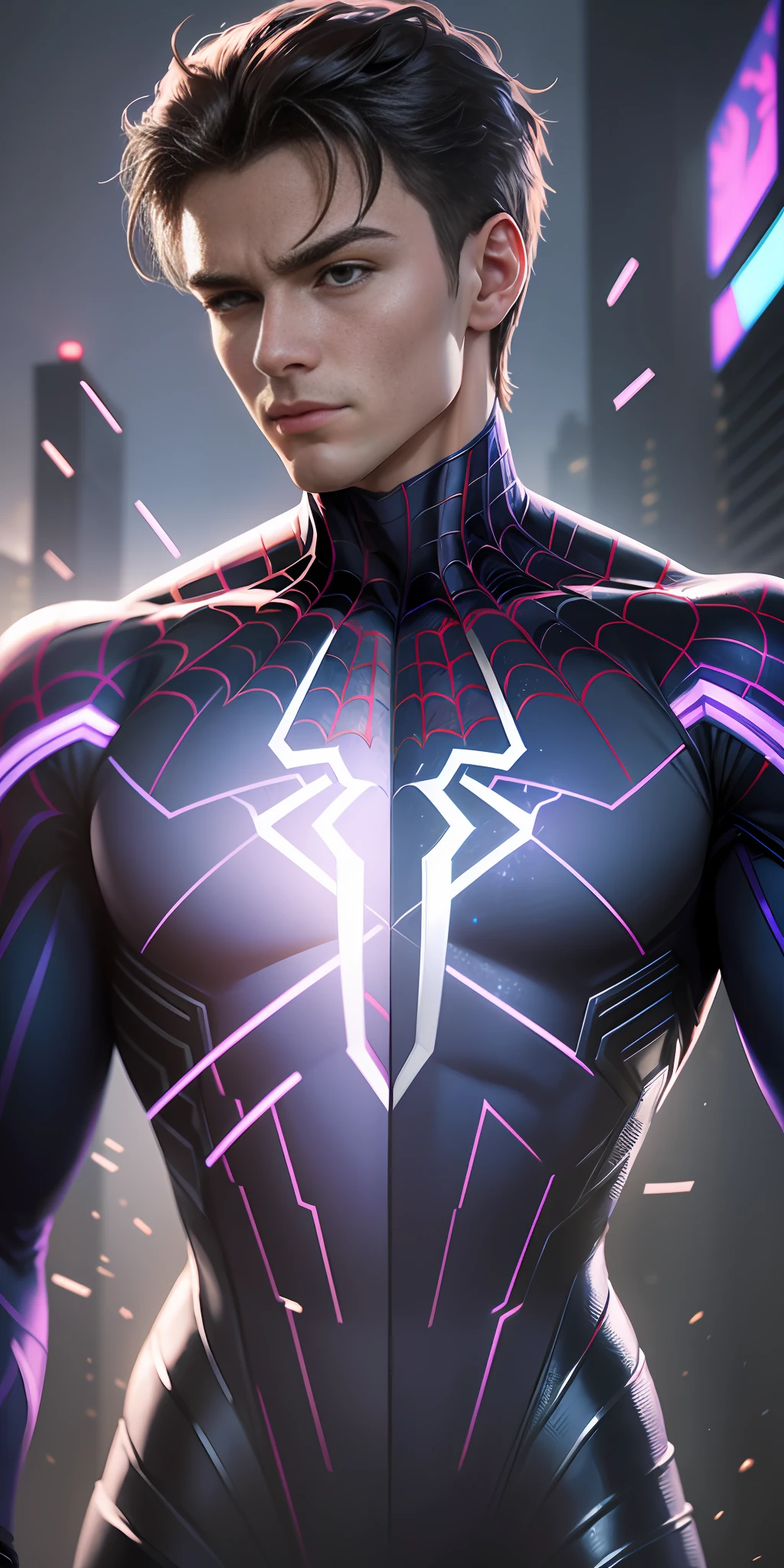 The best possible quality in 8k resolution with an ultra-detailed image of Spider-Man in a futuristic white and purple suit fused with the Captain America suit, with a metallic web background. The focus is on the detailed textures and light and shadow effects on the suit. Add a touch of Cyberpunk style to the composition. Metaphor with metallic cobweb in the background, will add a stunning effect to the final image. ." --auto --s2
