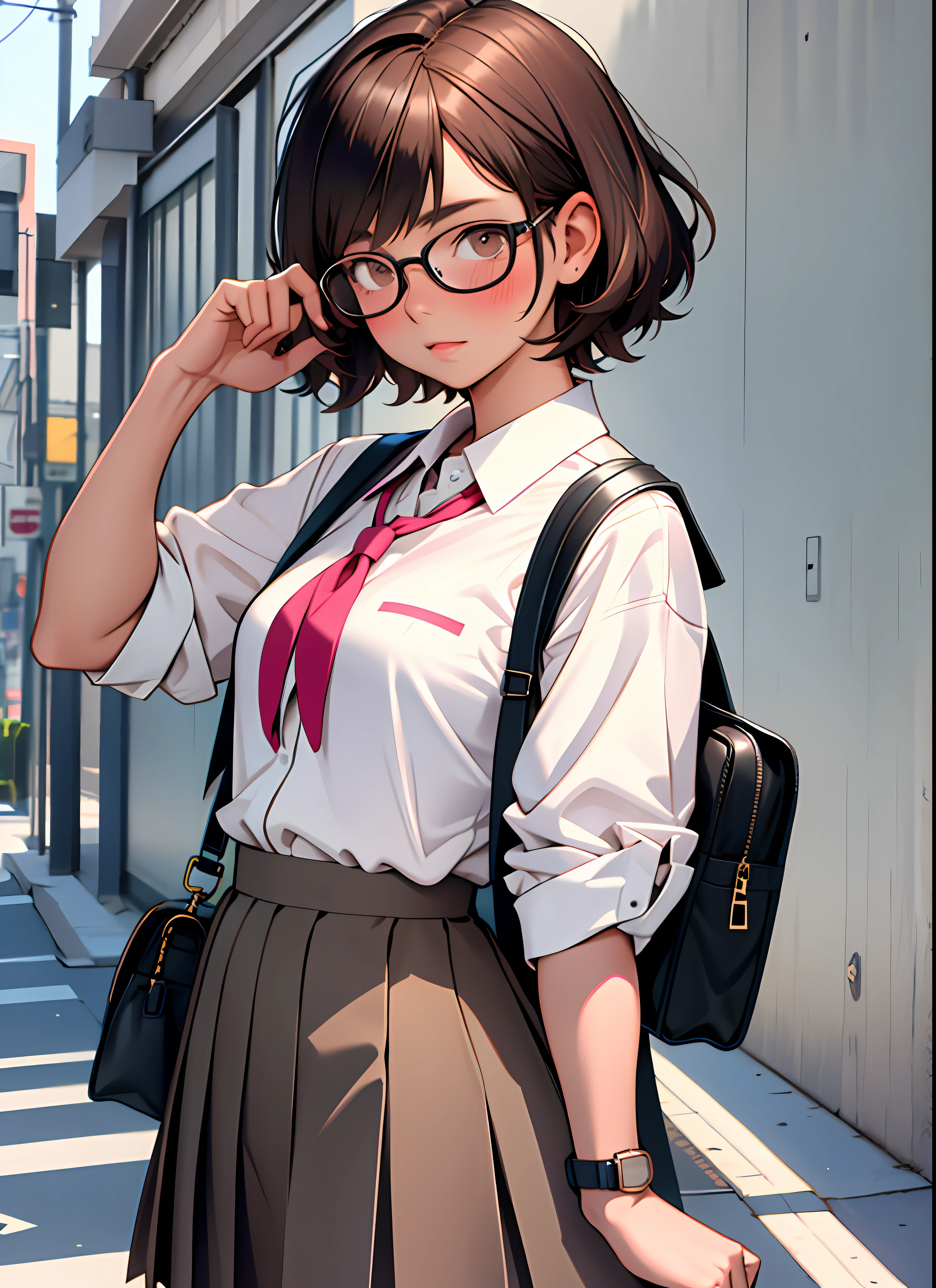 1 girl, squeaky body, short hair, glasses, blush, brown eyes, ((masterpiece, highest quality)), outdoor, school, uniform, skirt, watch viewer, white shirt, ribbon on chest, student bag, depth of field,