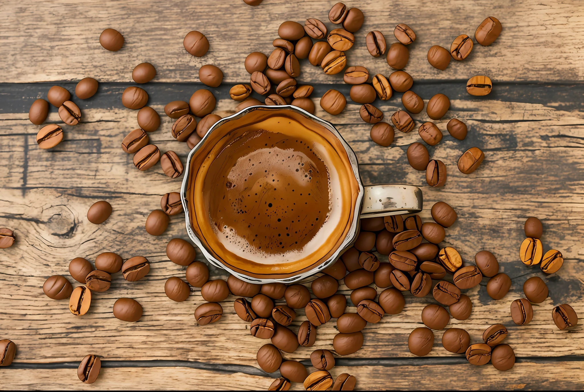 top view of a dark coffee espresso cup on top of a rustic wooden table surrounded by some coffee beans, RAW photo, masterpiece --auto --s2