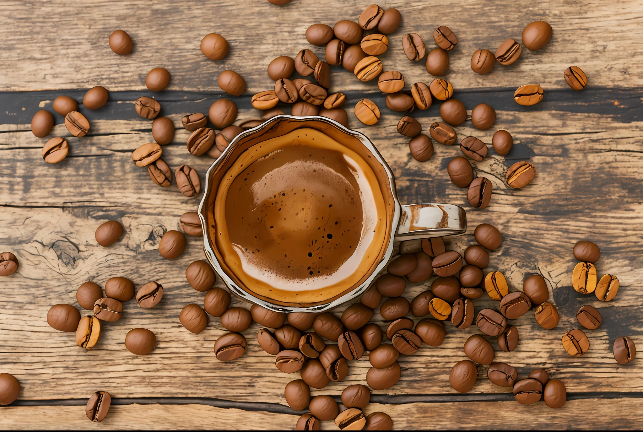 top view of a dark coffee espresso cup on top of a rustic wooden table surrounded by some coffee beans, RAW photo, masterpiece --auto --s2
