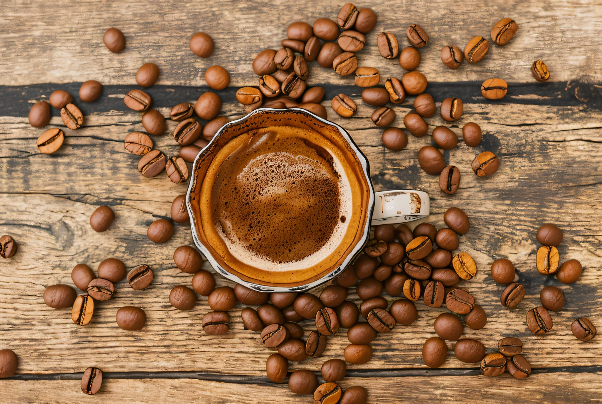top view of a dark coffee espresso cup on top of a rustic wooden table surrounded by some coffee beans, RAW photo, masterpiece --auto --s2