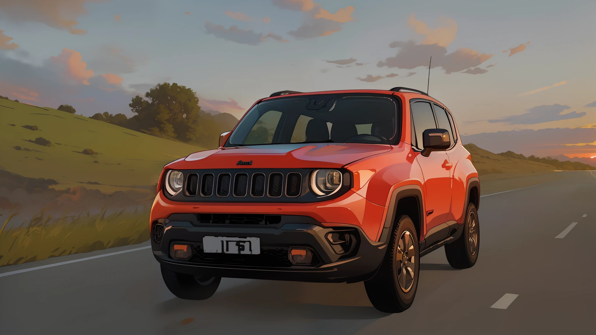 jeep renegade driving on a road at sunset with clouds in the background, jeep, shot at golden hour, cinematic front shot, 🤬 🤮 💕 🎀, a wide full shot, 🦩🪐🐞👩🏻🦳, ultra wide-shot, jeep in background, scenic full shot, cinematic full shot, taken at golden hour