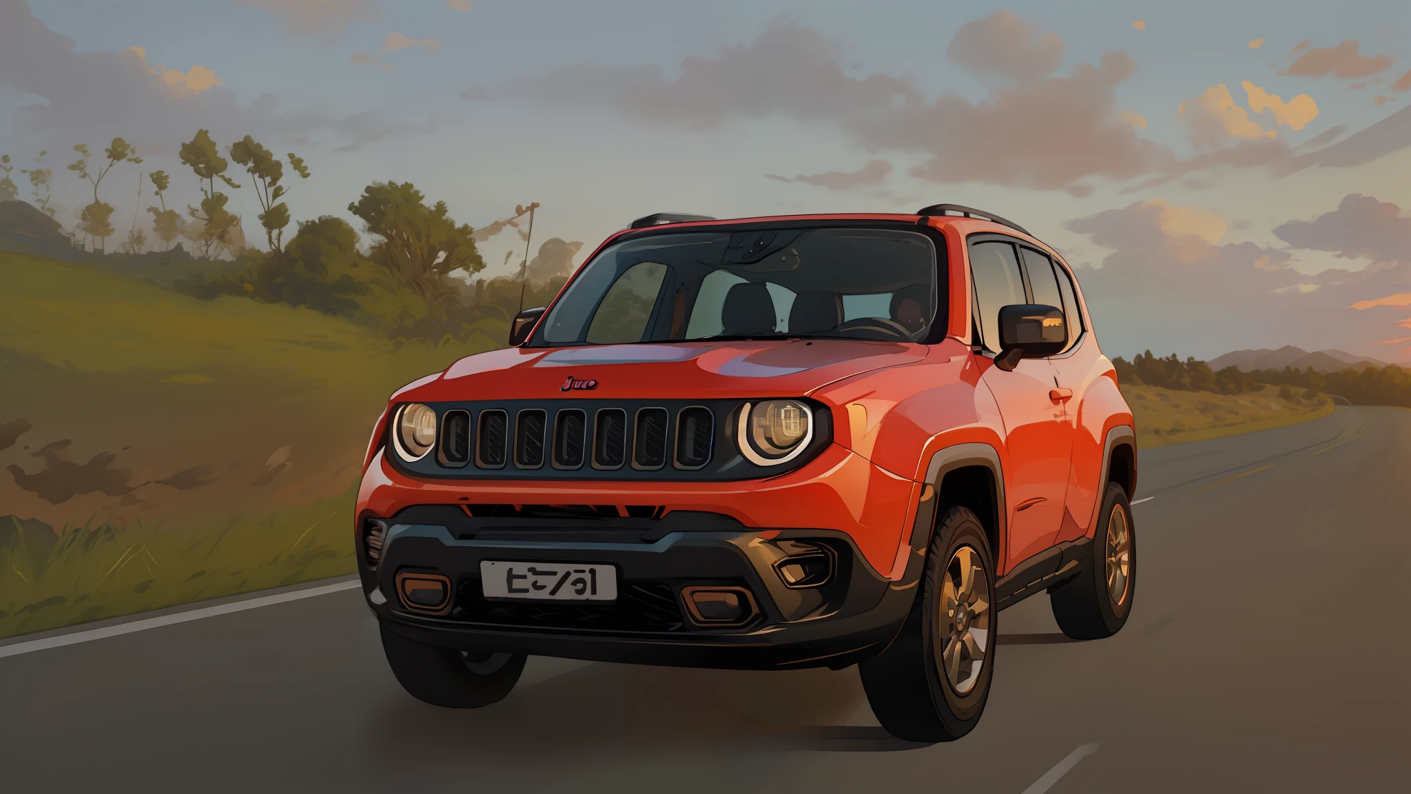 jeep renegade driving on a road at sunset with clouds in the background, jeep, shot at golden hour, cinematic front shot, 🤬 🤮 💕 🎀, a wide full shot, 🦩🪐🐞👩🏻🦳, ultra wide-shot, jeep in background, scenic full shot, cinematic full shot, taken at golden hour