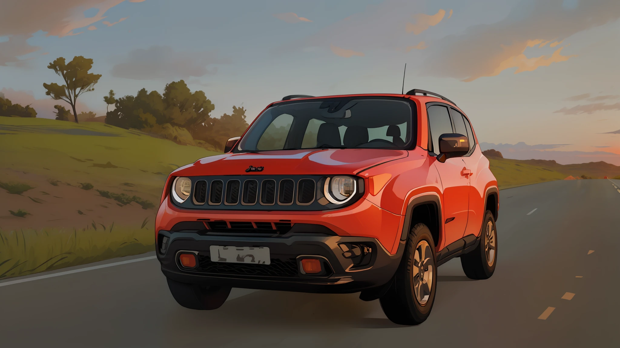 jeep renegade driving on a road at sunset with clouds in the background, jeep, shot at golden hour, cinematic front shot, 🤬 🤮 💕 🎀, a wide full shot, 🦩🪐🐞👩🏻🦳, ultra wide-shot, jeep in background, scenic full shot, cinematic full shot, taken at golden hour