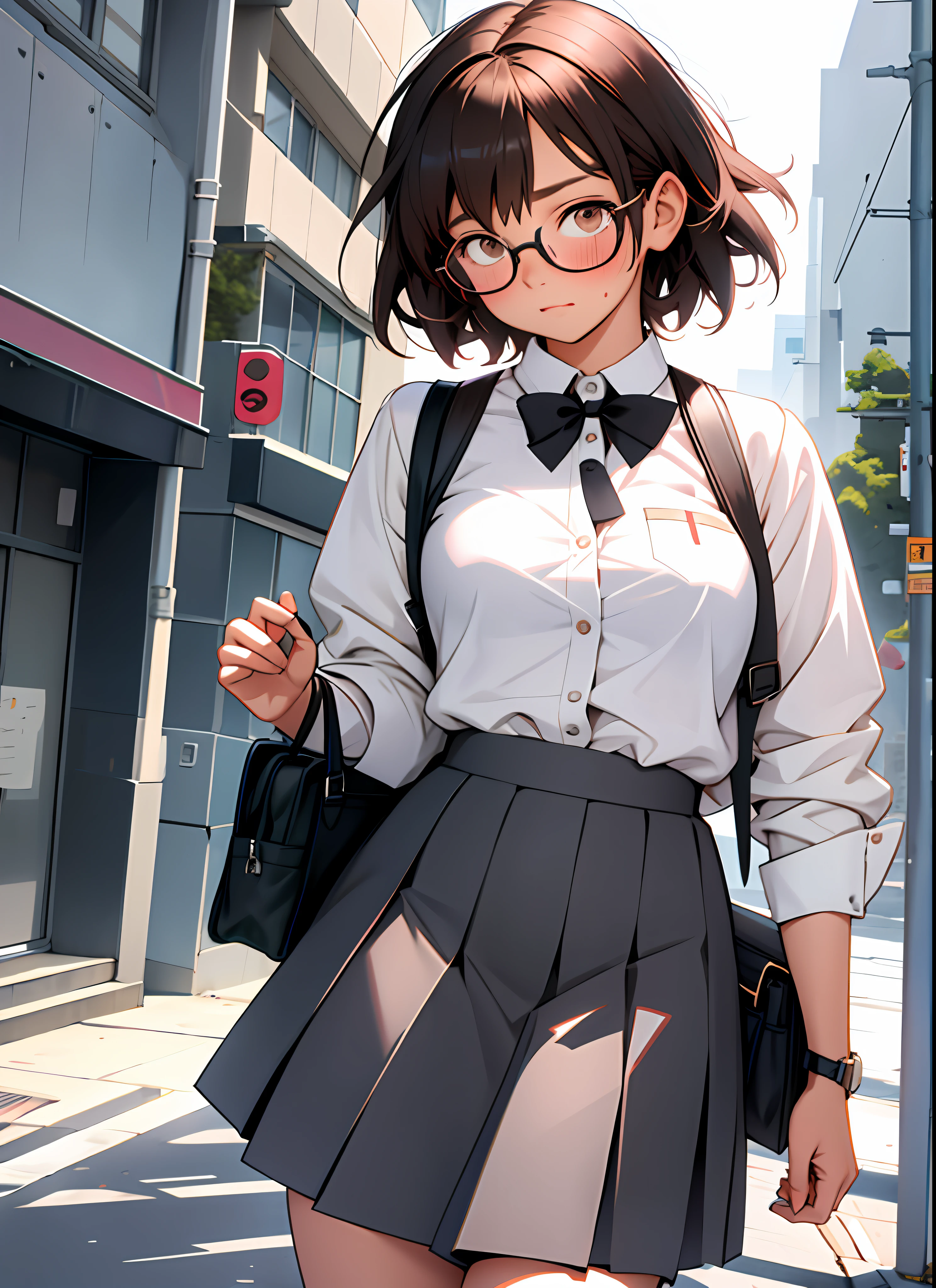 1 girl, squeaky body, short hair, glasses, blush, brown eyes, ((masterpiece, highest quality)), outdoor, school, uniform, skirt, watch viewer, white shirt, ribbon on chest, student bag, depth of field,