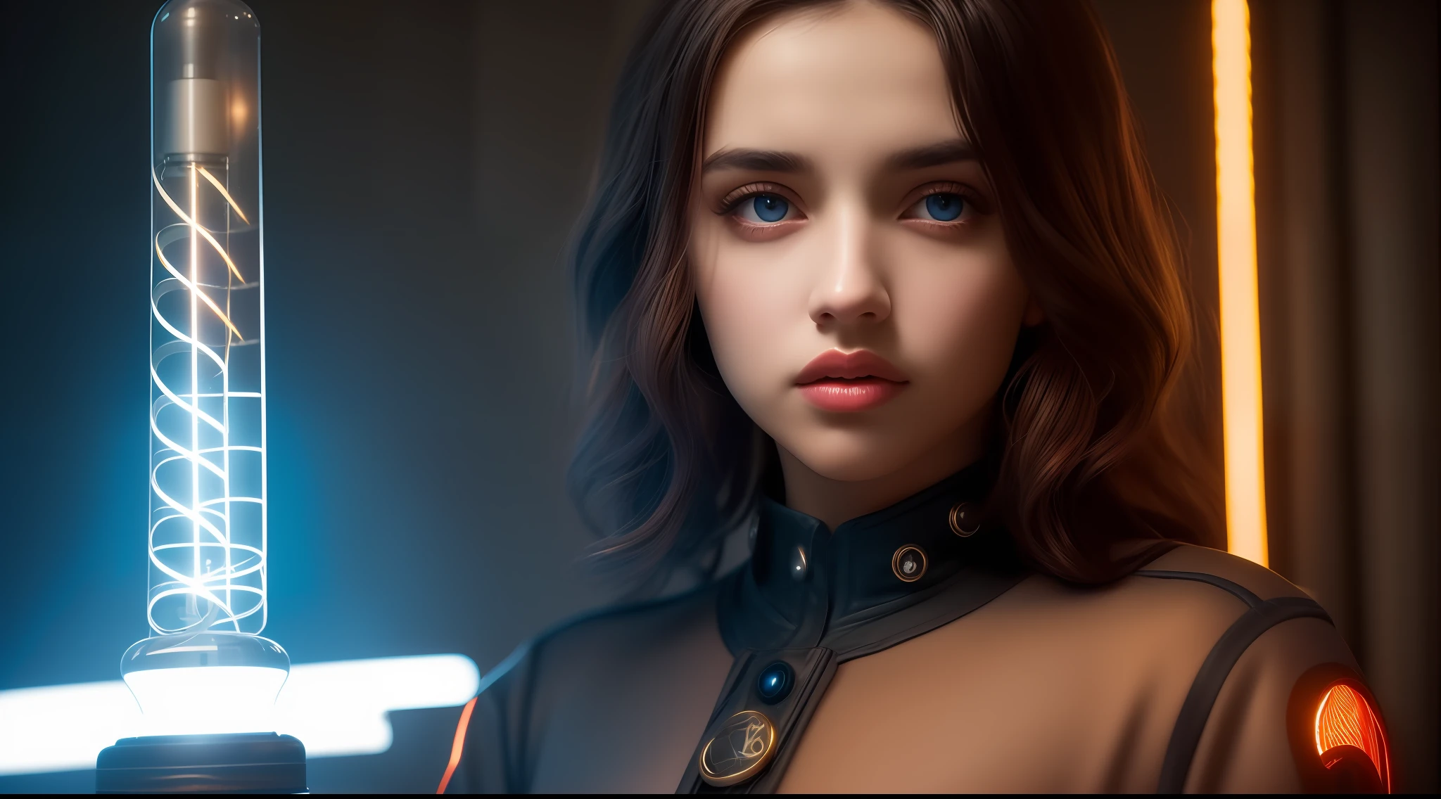 portrait of a beautiful 18-year-old girl with the face of Ana de Armas beautiful and perfect, American, black hair, blue eyes, with dieselpunk clothes, in the dark private office, melancholic dark light: 1.2, elegant, beautiful face, detailed skin, oil: 0.6, tesla coil: 0.4, Nixie tube: 0.8, highly detailed, hyperdetailed, intricate, bloom: 0.4, soft lighting, side lighting: 0.8, 8k