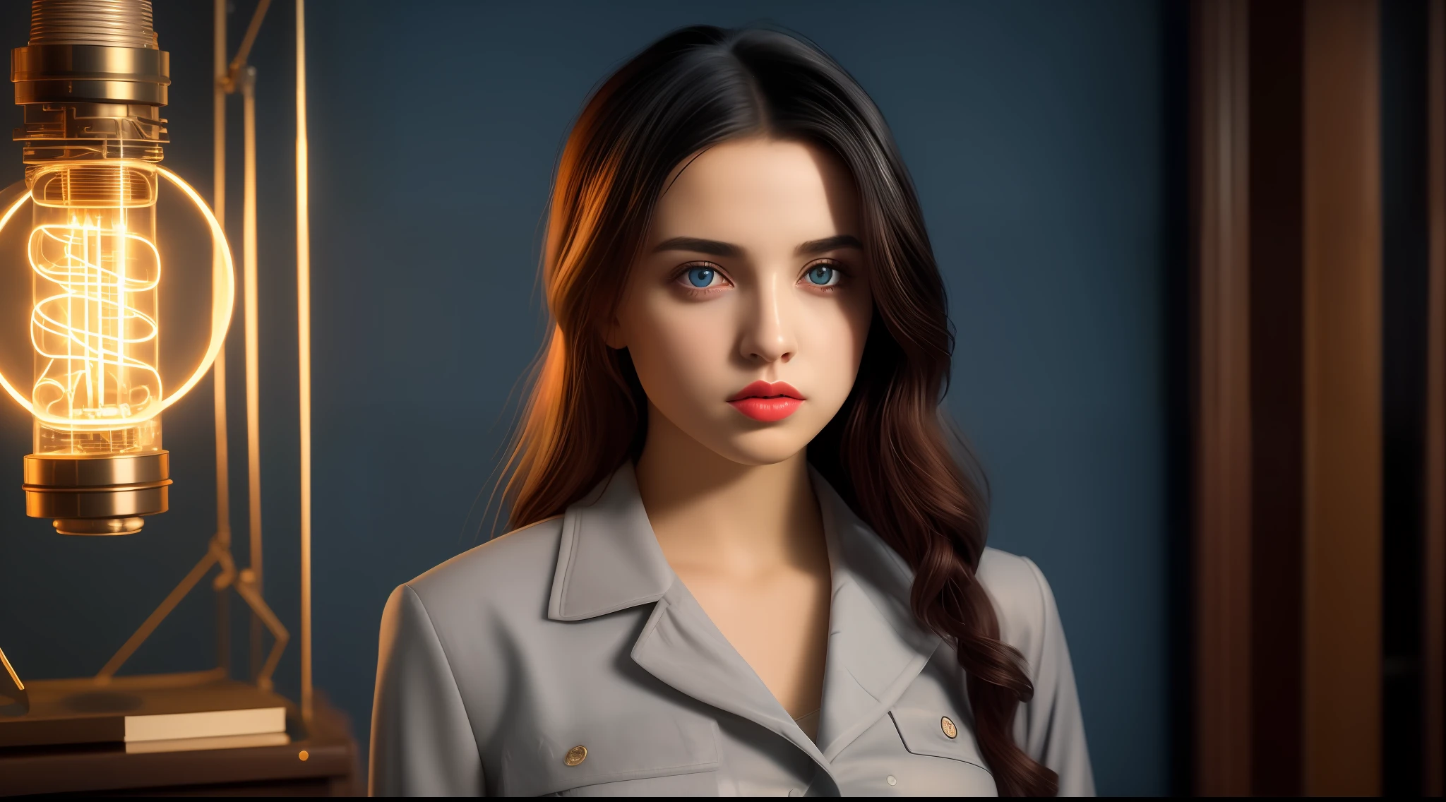 portrait of a beautiful 18-year-old girl with the face of Ana de Armas beautiful and perfect, American, black hair, blue eyes, with dieselpunk clothes, in the dark private office, melancholic dark light: 1.2, elegant, beautiful face, detailed skin, oil: 0.6, tesla coil: 0.4, Nixie tube: 0.8, highly detailed, hyperdetailed, intricate, bloom: 0.4, soft lighting, side lighting: 0.8, 8k