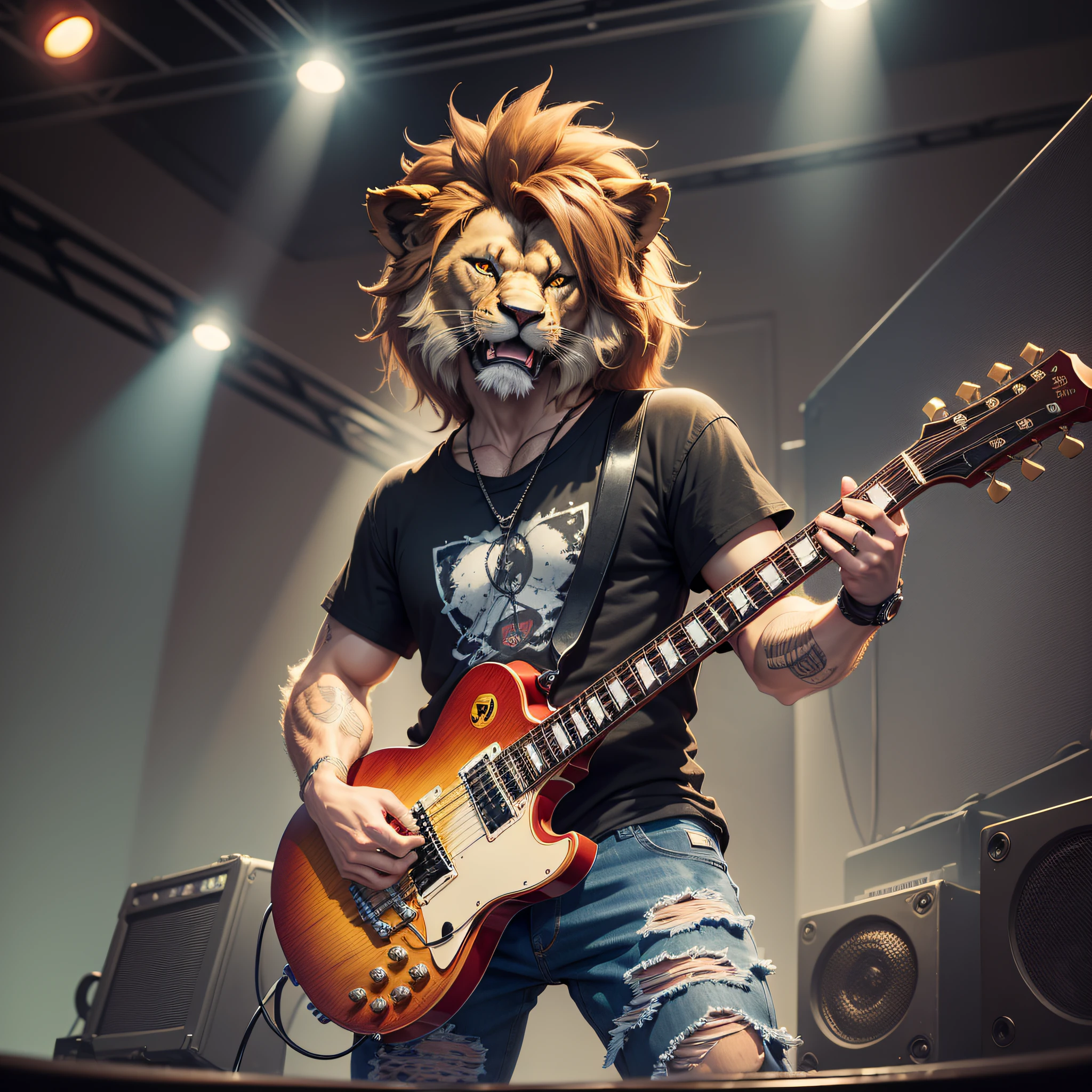 Happy anthropomorphic lion with ripped jeans, black T-shirt, playing a red les paul guitar, under show lighting, cartoon style --auto --s2