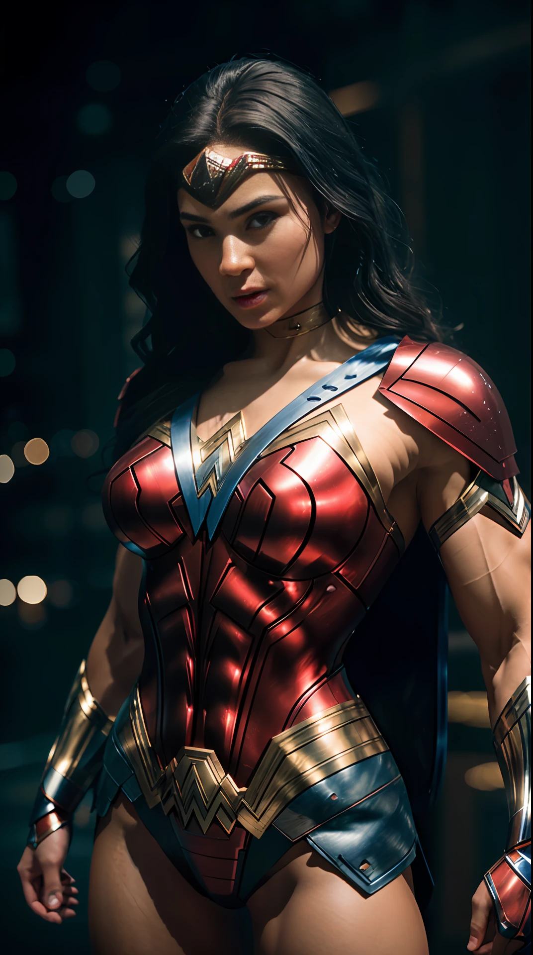 Cinematic soft lighting illuminates a stunningly detailed and ultra-realistic Wonder Woman bodybuilder, muscular, super strong, red and blue armor, that is trending on ArtStation. Octane is the perfect tool to capture the softest details of this 16k photography masterpiece