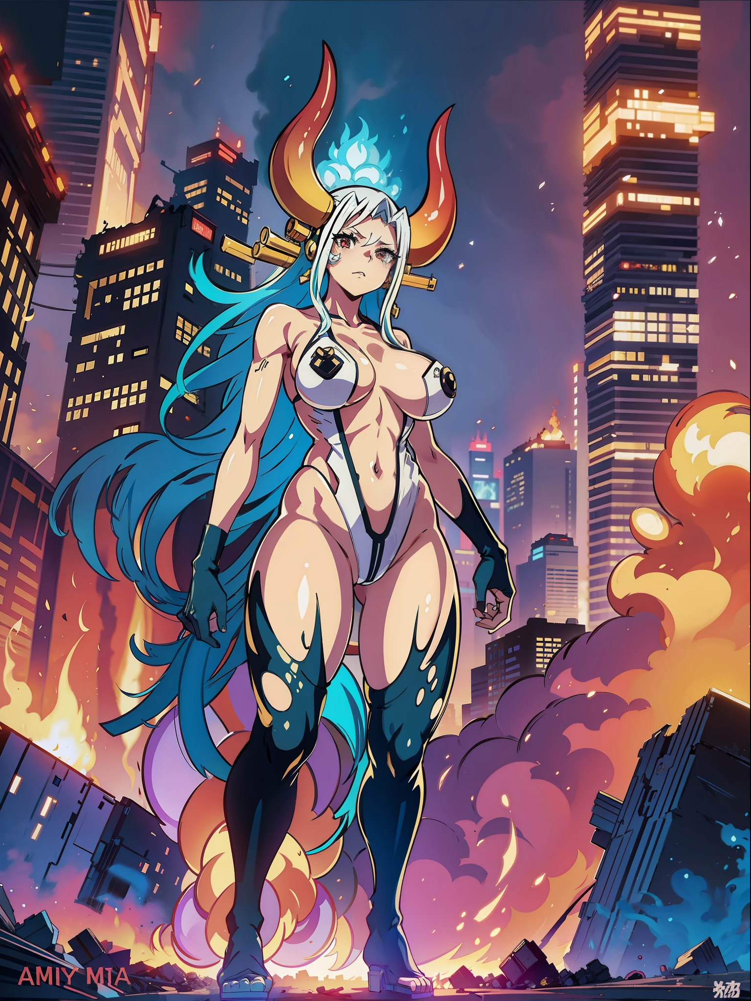 (full body/upright/standing view:1.3). (({yamato})), ((in a futuristic city completely destroyed with flames coming out of the destroyed buildings)). {yamato}:is looking at the viewer, (extremely large breasts:1.5), doing exhibitionist/non-tilting/unseated poses, holding a long black rifle., Hyperrealism, anime, 16k, UHD, masterpiece, best quality, high details