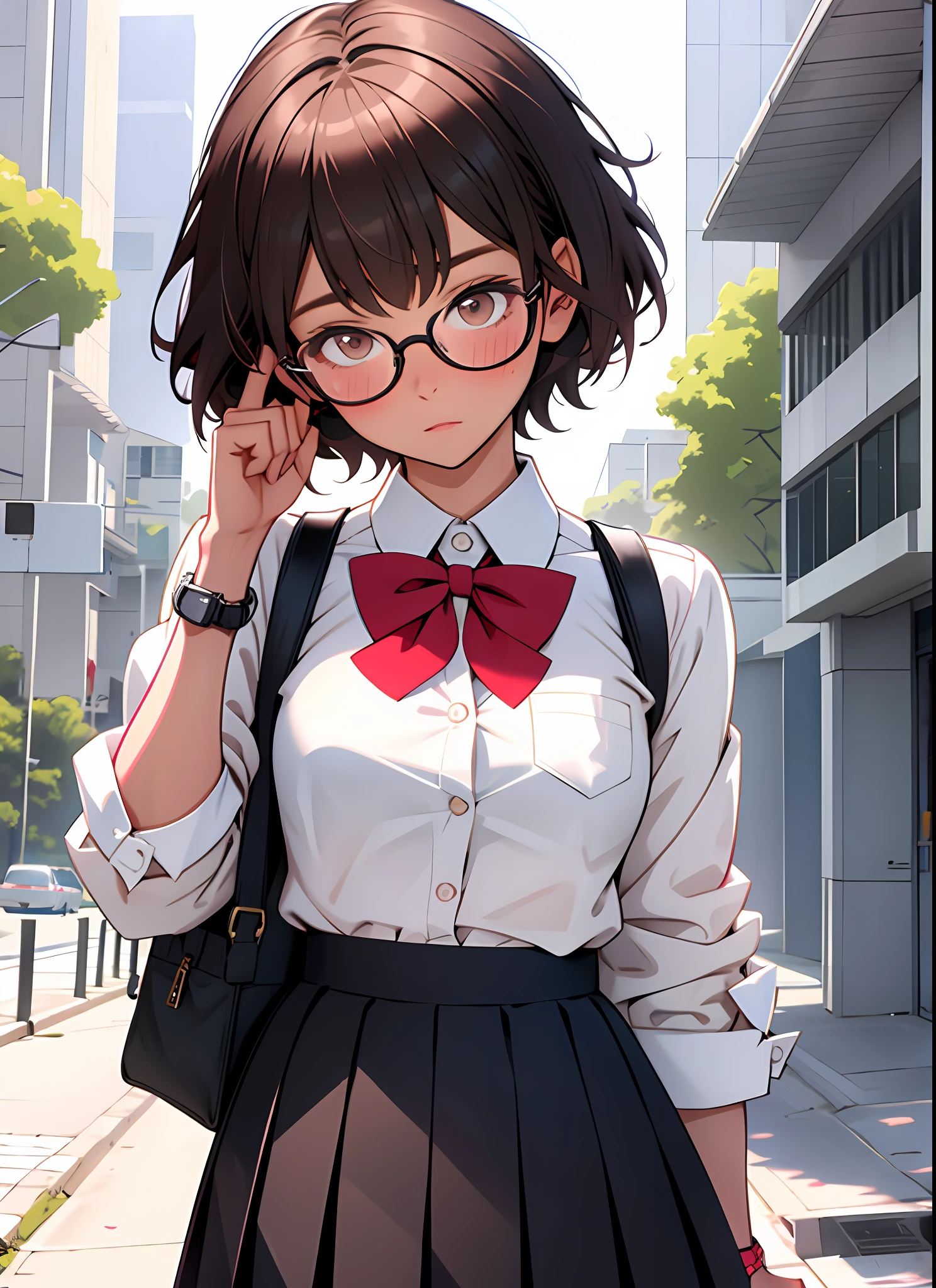 1 girl, squeaky body, short hair, glasses, blush, brown eyes, ((masterpiece, highest quality)), outdoor, school, uniform, skirt, watch viewer, white shirt, ribbon on chest, student bag, depth of field,