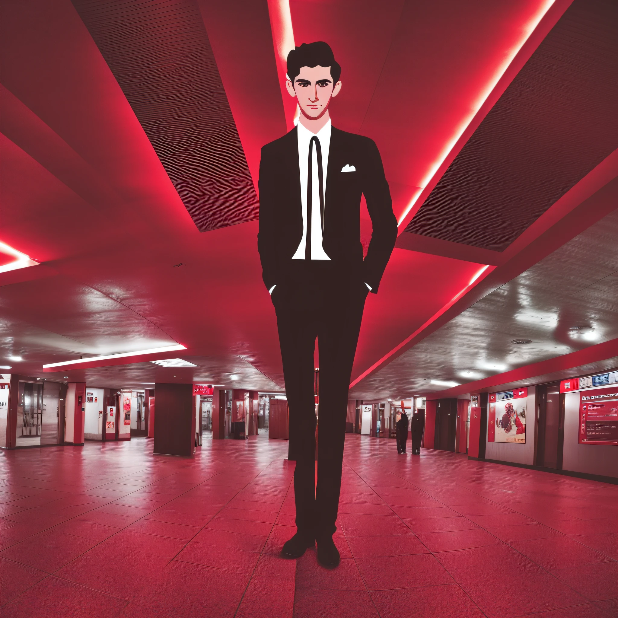 Thin man in the style of the actor timothee chalomet, dark brown hair and eyes, is leaning against a column, in the subway station in São Paulo, with a cool posture, he holds a bouquet of roses, but in place of petals are hearts, illustration in the pixel style mixed art vaporwave, red neon lighting, dark environment, light coming only from the reflections of the light of the station --auto --s2