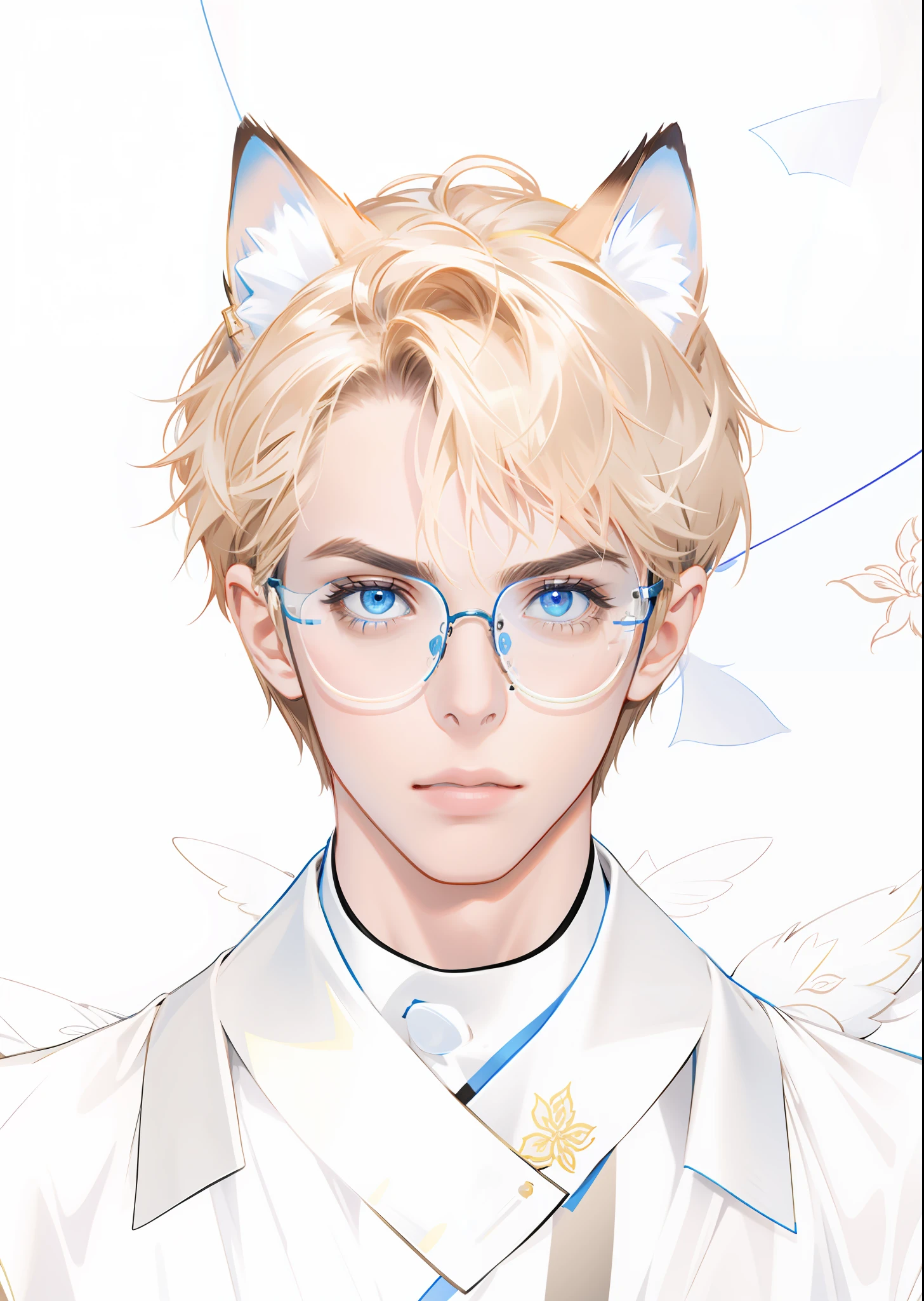 (Masterpiece, best quality), 1 male, delicate eyes and detailed face, extremely detailed CG unified 8k wallpaper, intricate details, short hair, brown hair, blue eyes, dog ears, glasses
