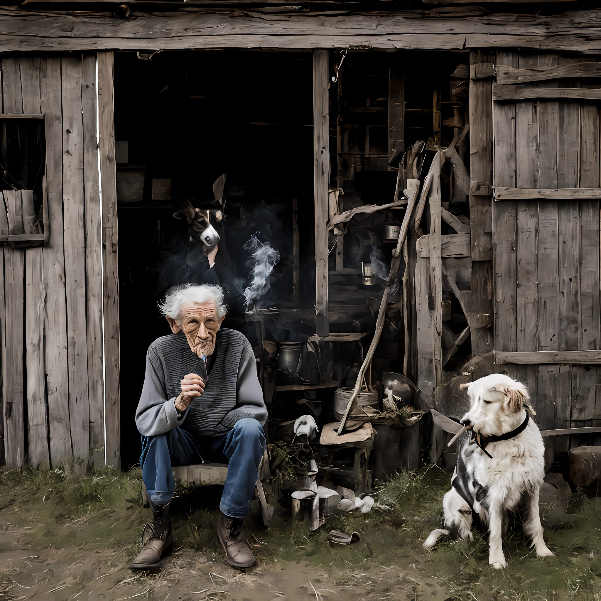 An old skinny man seated and smoking cigarette in a small and dark farm barn with dogs at his side and a lot of old stuff around then