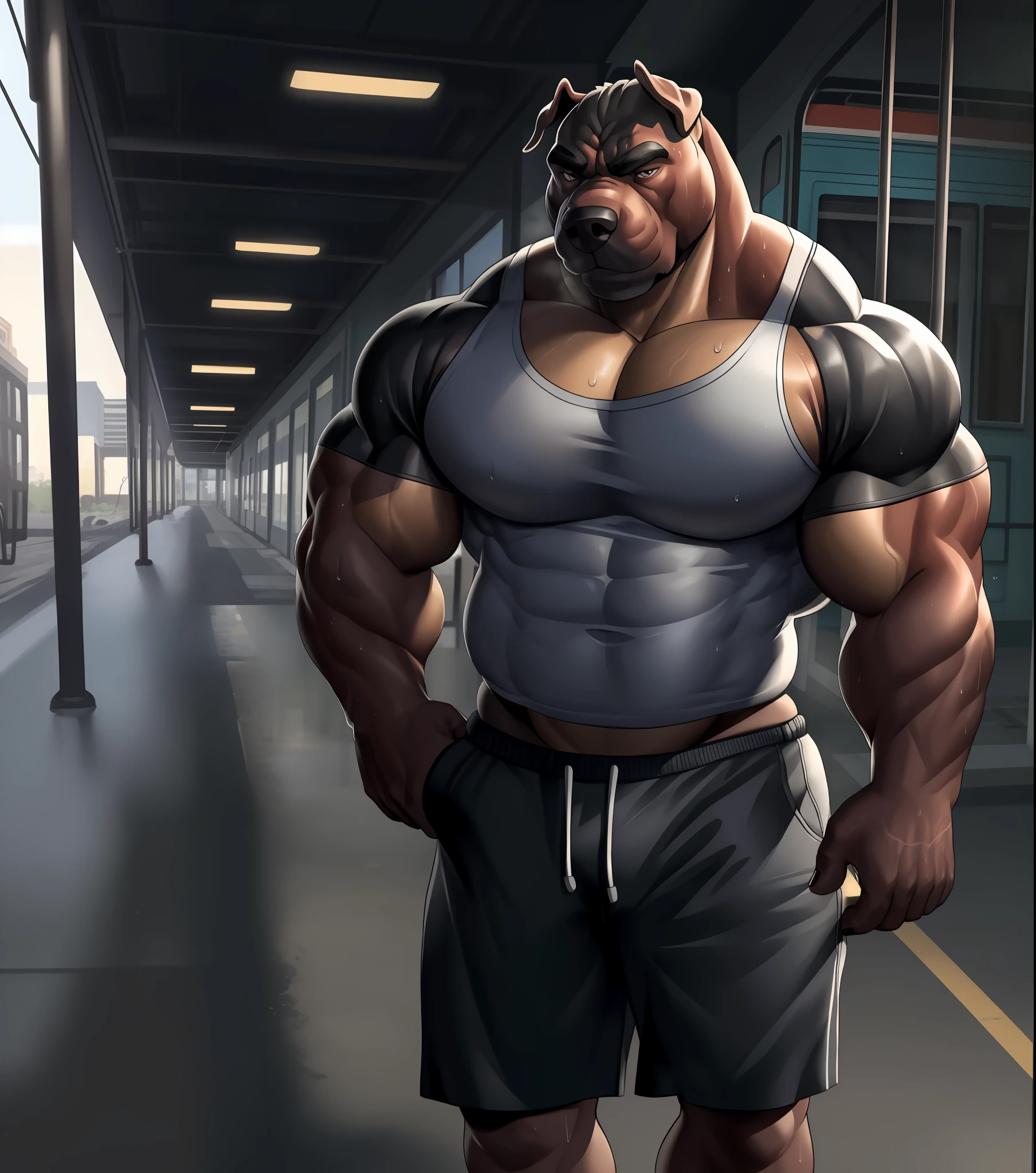 solo, anthro (Neapolitan mastiff, cane corso), full ears, brown and gray skin, detailed eyes, Gym: 1.6, sweat, heavy breathing: 1.5, correct anatomy, biceps, (muscular) thin, veins all over the body, (Normal clothing: 1.2), background an abandoned street cars, 8k hd, dark shadows