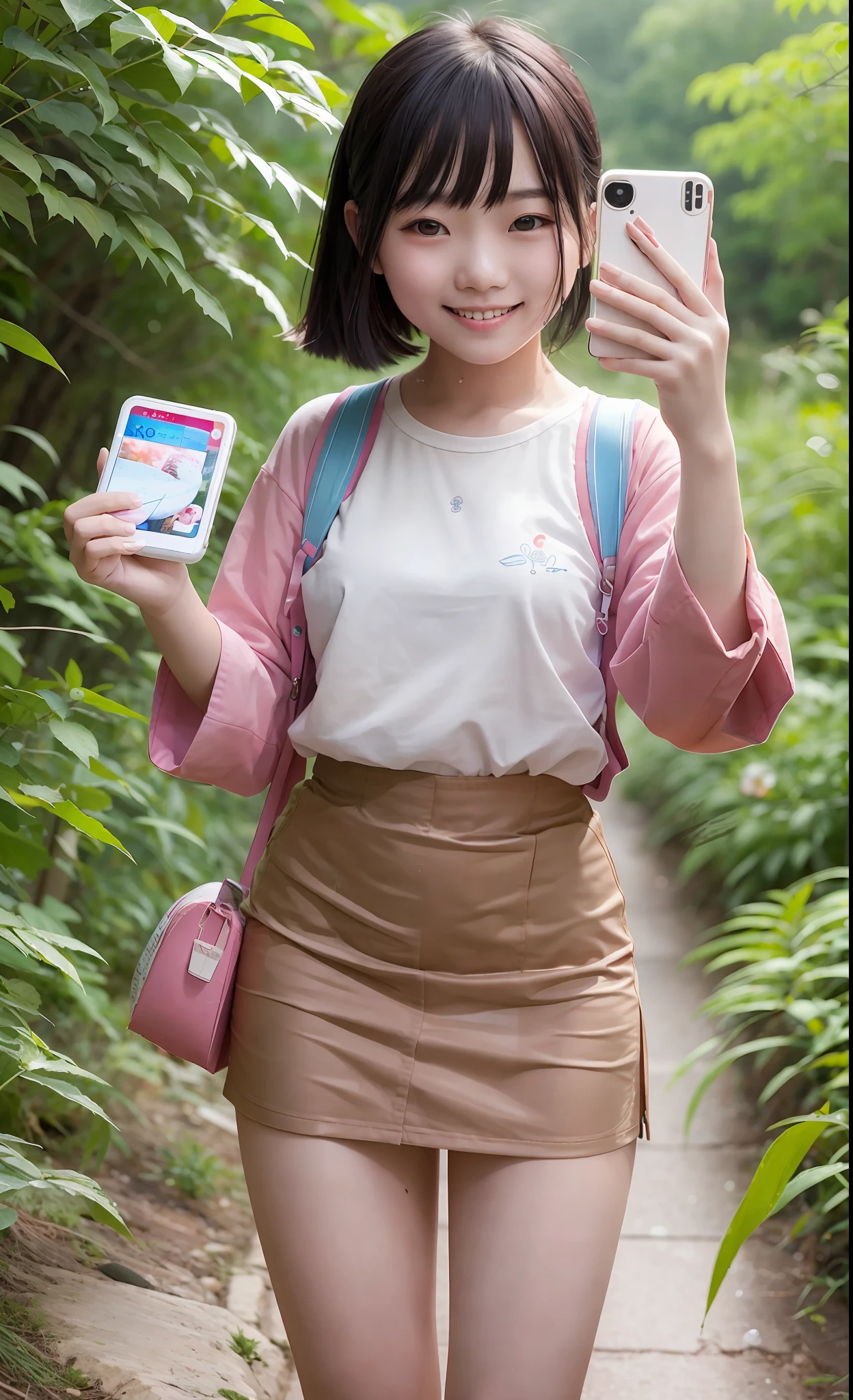 A 20-year-old Chinese girl, holding a box of toothpaste in her hand taking a selfie, smiling and leaking white teeth, the whole body is sexy girl, very realistic, full body photo, deep in the mountains, there are many flowers on the side