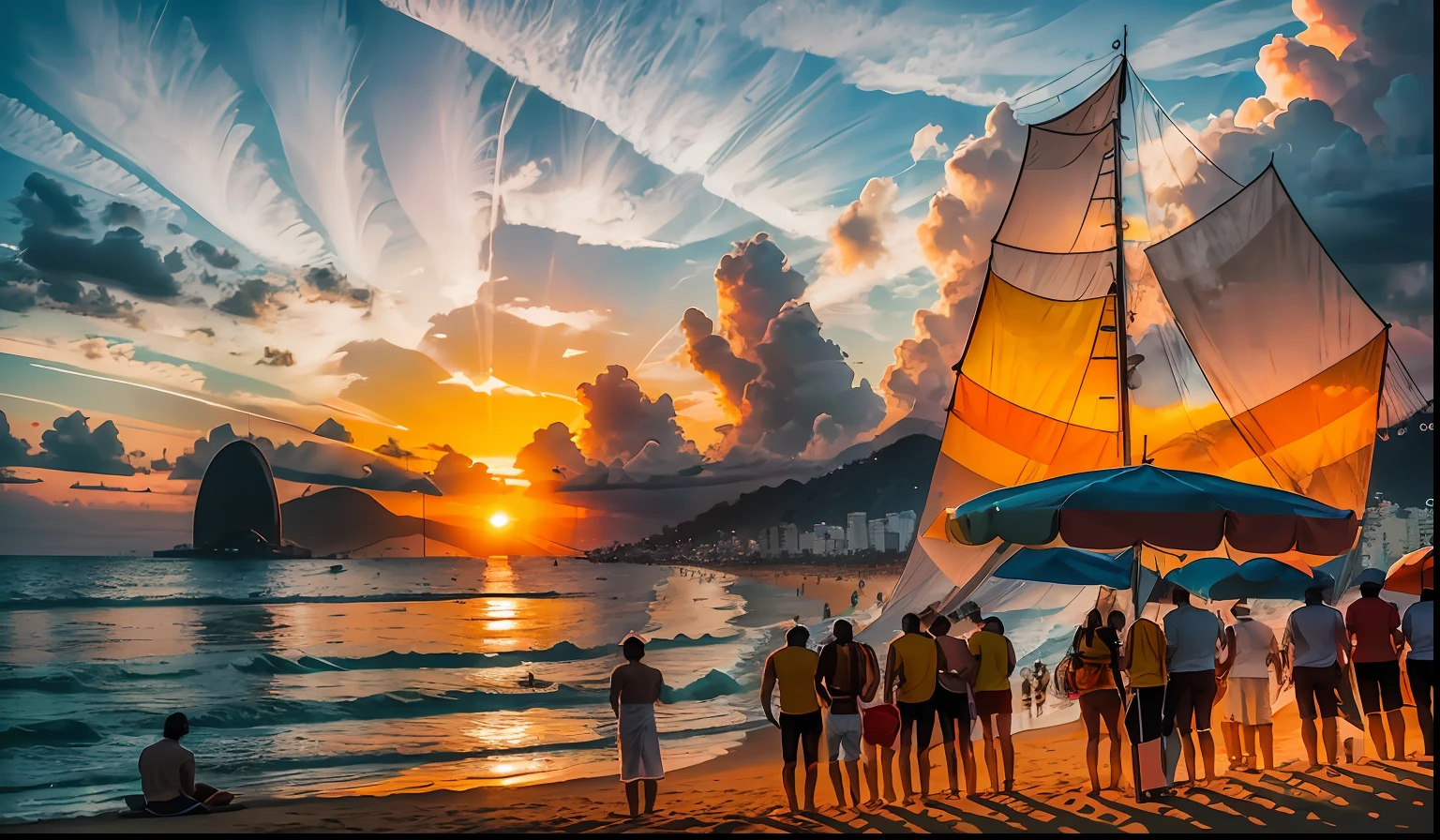 20 people watching a beautiful sunset on a copacabana beach in rio de janeiro --auto --s2