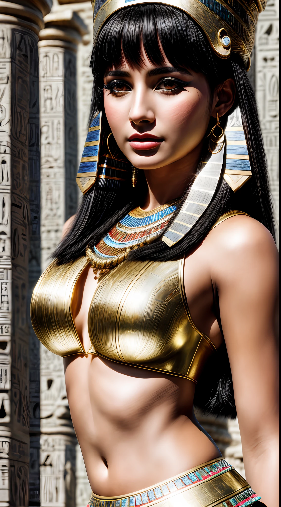 Closeup photo portrait of (young woman Cleopatra as the ancient egyptian queen), epic character composition, frontal view, atmospheric scene, masterpiece, best quality, (detailed beautiful face, detail skin texture, ultra-detailed body:1.1), diffused lighting