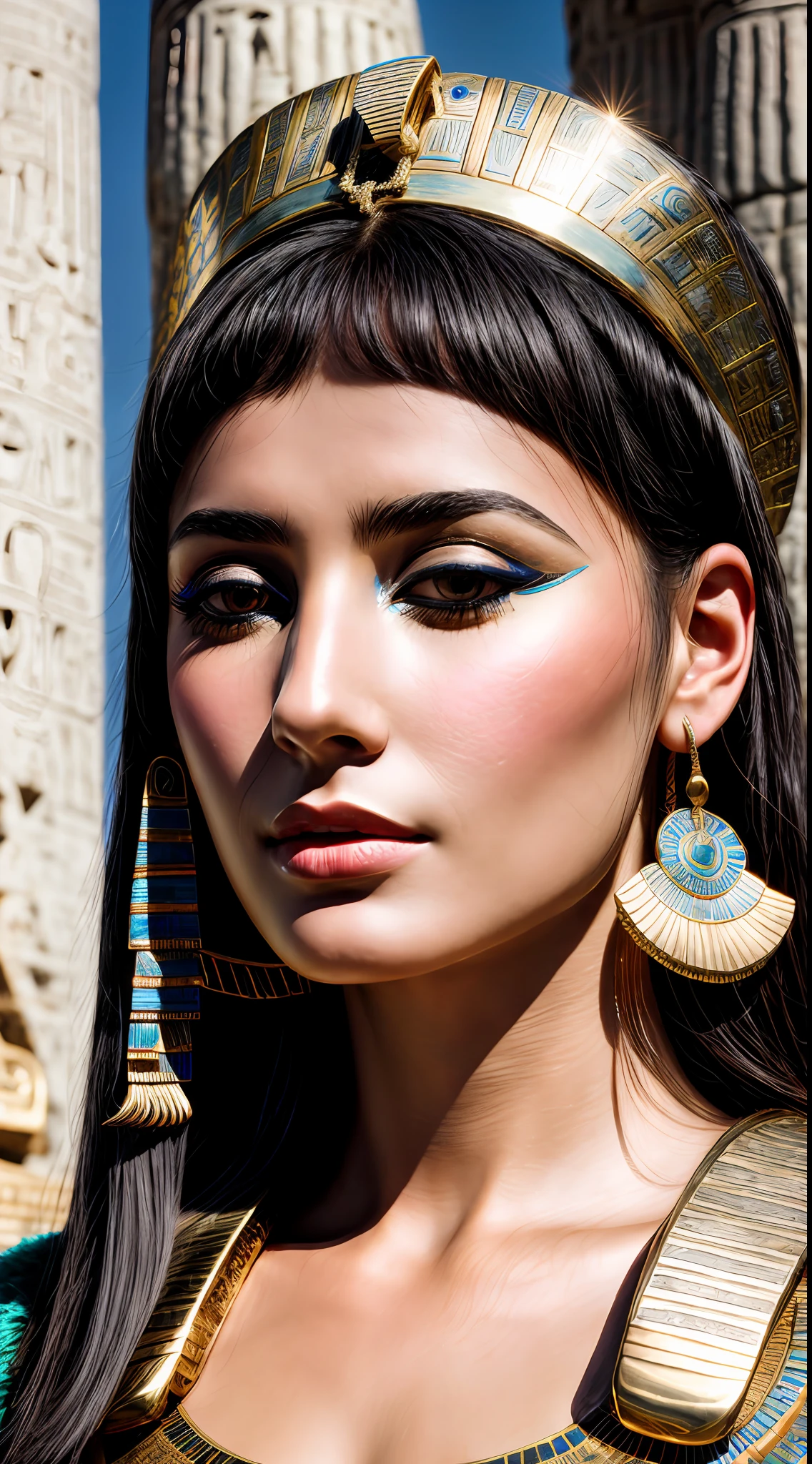 Closeup photo portrait of (young woman Cleopatra as the ancient egyptian queen), epic character composition, frontal view, atmospheric scene, masterpiece, best quality, (detailed beautiful face, detail skin texture, ultra-detailed body:1.1), diffused lighting
