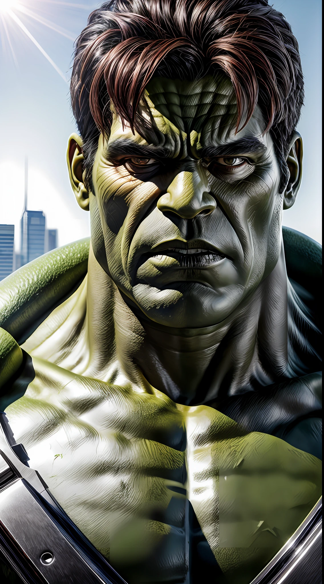 Closeup photo portrait of Hulk, frontal view, atmospheric scene, masterpiece, best quality, (detailed beautiful face, detail skin texture, ultra-detailed body:1.1),