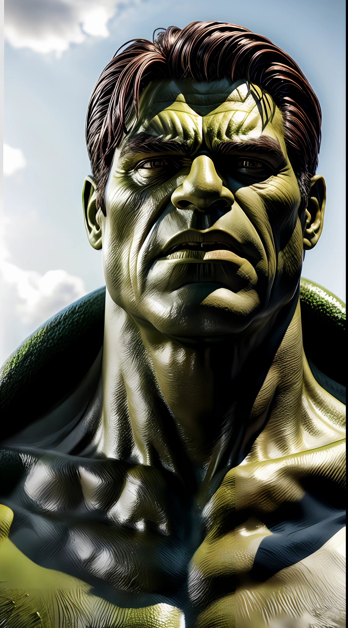 Closeup photo portrait of Hulk, frontal view, atmospheric scene, masterpiece, best quality, (detailed beautiful face, detail skin texture, ultra-detailed body:1.1),