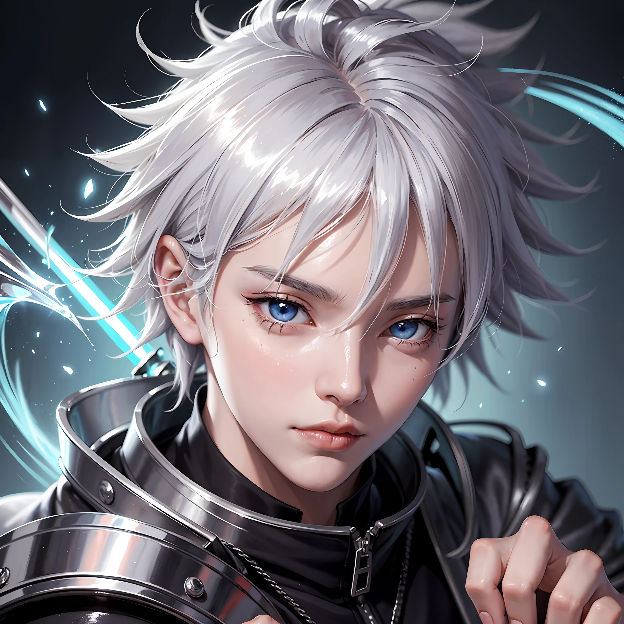 a close up of a person with a sword in their hand, hajime yatate, male anime character, anime character, a silver haired mad, he has dark grey hairs, killua zoldyck black hair, as an anime character, tall anime guy with blue eyes, killua zoldyck, best anime character design, white haired deity --auto --s2