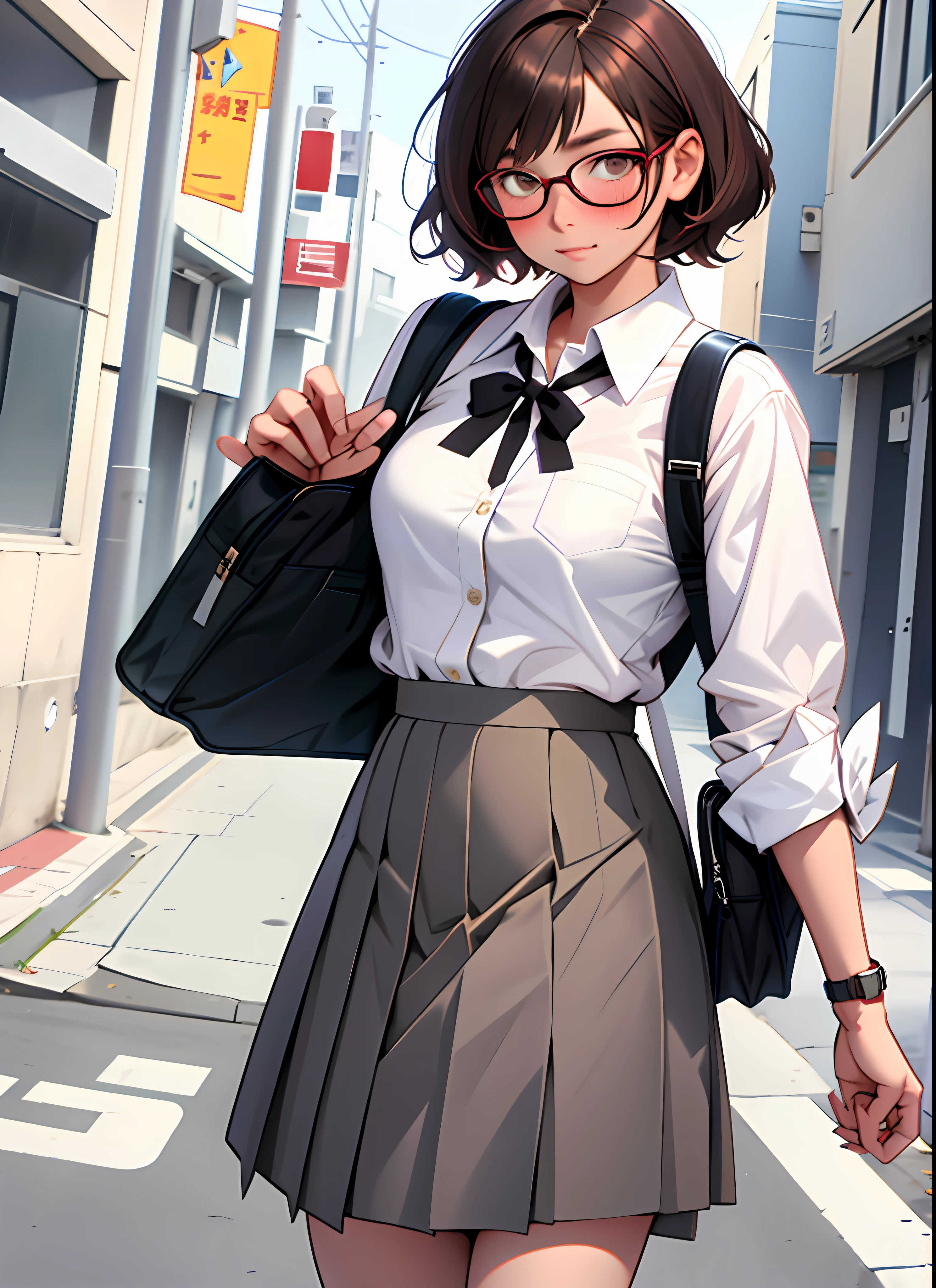 1 girl, squeaky body, short hair, glasses, blush, brown eyes, ((masterpiece, highest quality)), outdoor, school, uniform, skirt, watch viewer, white shirt, ribbon on chest, student bag, depth of field,