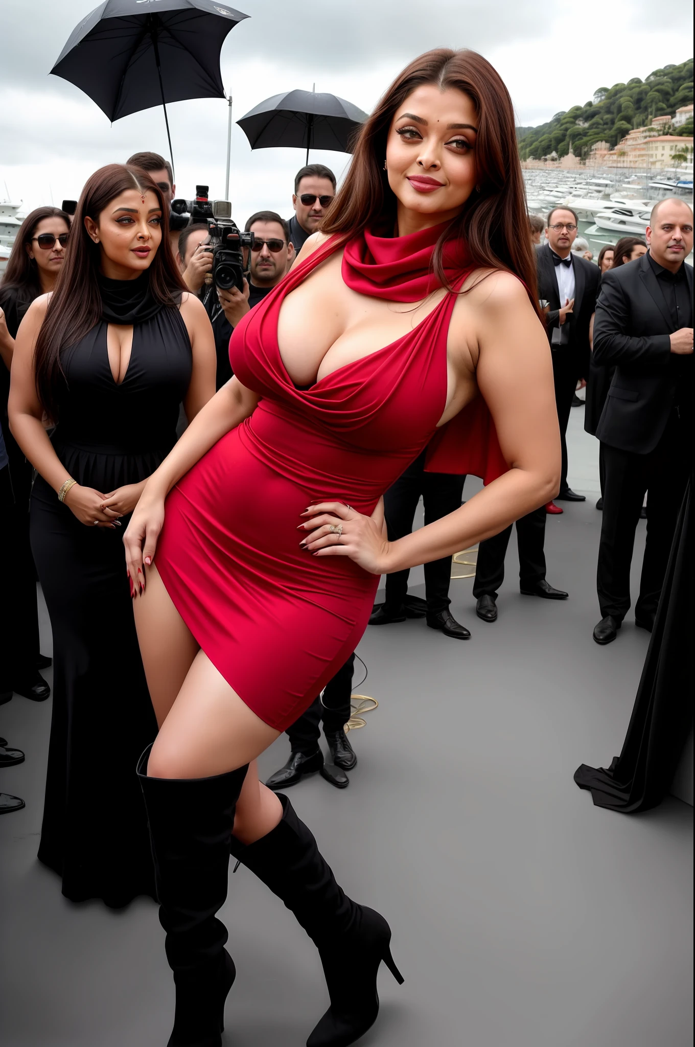 Aishwarya rai, red cowl neck mini dress, high boots, thighs show, posing in cannes red carpet, hourglass figure, big breasts, 90% breasts popping out, massive cleavage show, nipple slip, fit, seductive face, look at a camera and laugh, wet ponytail hair, erotic adult face, 40 yo, soft volumetric lights, intricate details, (ArtStation:1.2)