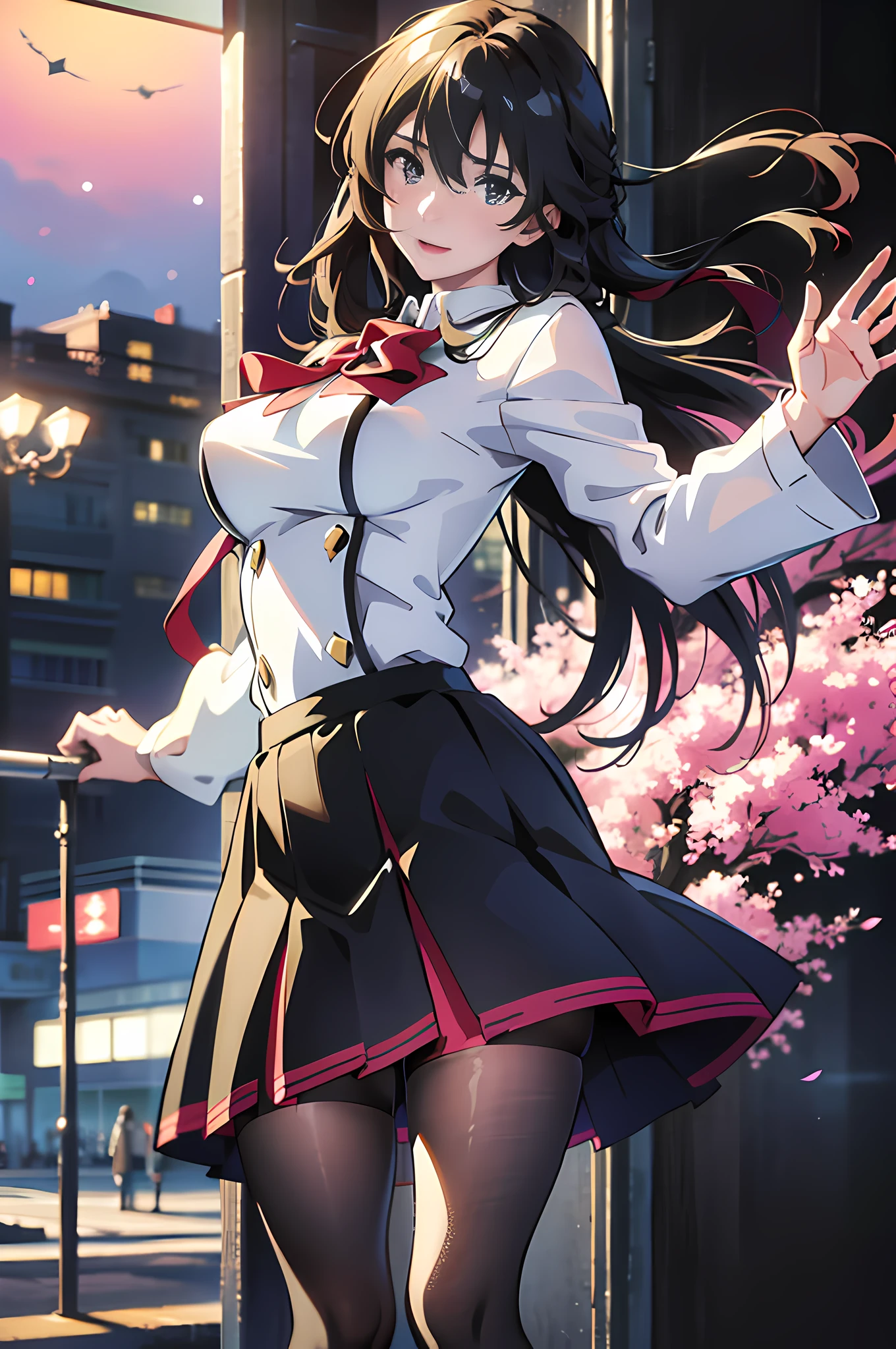 highres, ultra detailed, (1girl:1.3), (dynamic pose):1.0 BREAK, 1 extremely beautiful and glamorous high school girl standing river side at night, anime girl, wearing a white collard shirt and a knee-length long pleats skirt, (black stockings), she has black wavy pony-tail hair style, gigantic-breasted, smile, happy, wind, 8 life size, detailed clothes, detailed body, detailed arms, human hands, detailed hands, full body shot, hip focus, blush, light smile, looking the viewer, facing the viewer, staring the viewer, Lights are lit around the beach and stars are shining in the sky, studio soft light, cinematic light, detailed background, realistic, ultra-realistic, masterpiece, 32k ultra-sharp image, Japanese anime waifu, concept art by Kyoto animation, ufotable style, anime cap, Makoto Shinkai,