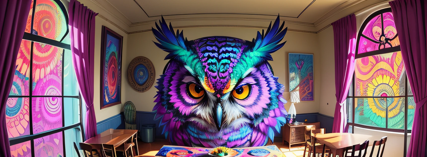 Featuring a captivating and vibrant psychedelic owl painting. The art of the owl is exquisitely designed with vivid colors, intricate patterns and mesmerizing details. The painting is leaning against the back of the room, creating a dynamic and casual display. The combination of the psychedelic art of the owl adds a touch of artistic fascination to any space. --auto --s2