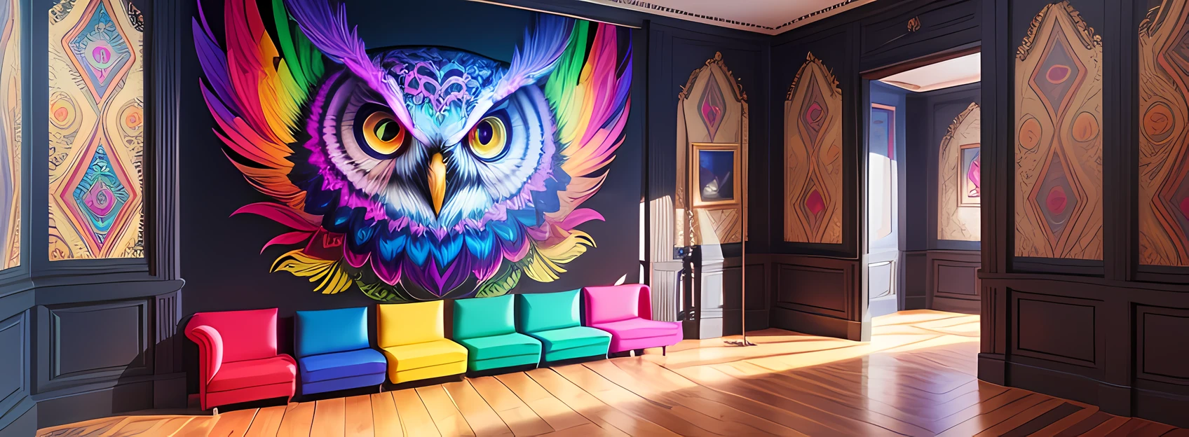 Featuring a captivating and vibrant psychedelic owl painting. The art of the owl is exquisitely designed with vivid colors, intricate patterns and mesmerizing details. The painting is leaning against the back of the room, creating a dynamic and casual display. The combination of the psychedelic art of the owl adds a touch of artistic fascination to any space. --auto --s2