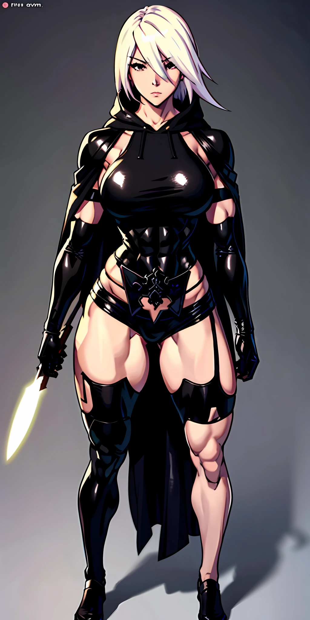 anime waifu bodybuilder, cute face, serious face, perfect body, fit body, abdomen, large breasts, muscular, A2 of nier automata, ninja outfit, with black cape and hood