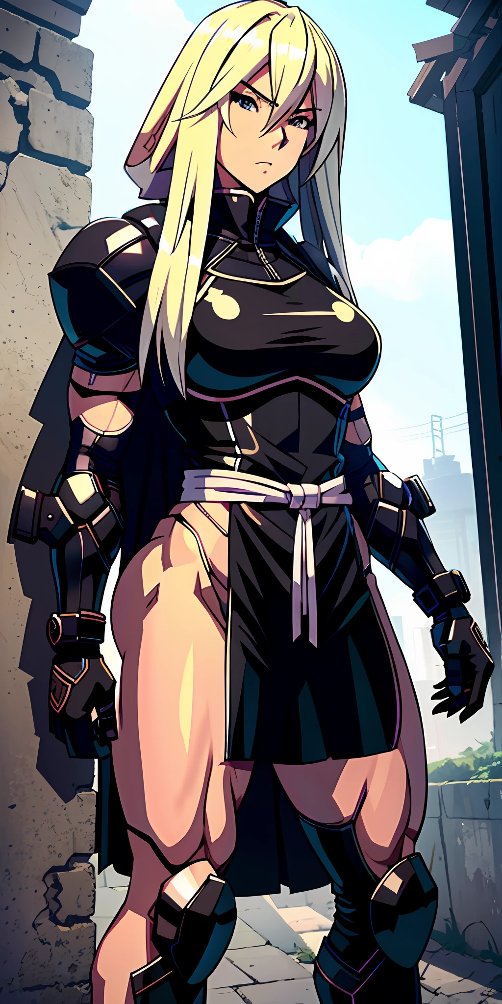 anime waifu bodybuilder, cute face, serious face, perfect body, fit body, abdomen, big breasts, muscular, long blonde hair, white ninja outfit, with black cape and hood, ((armor) leather vest))