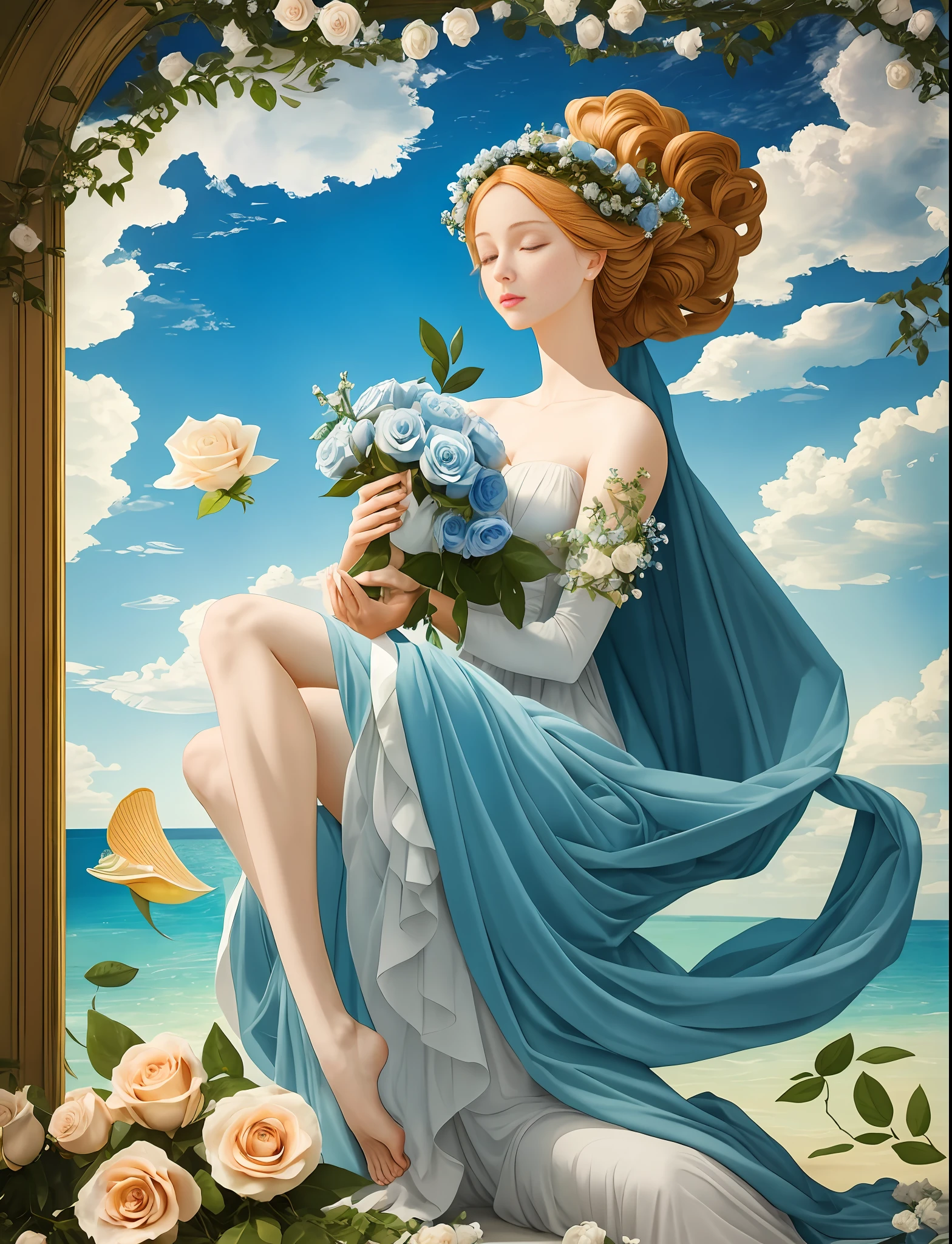 "Draw a scene that depicts a variation of the 'Birth of Venus', inspired by the famous work of Sandro Botticelli. In this version, Venus is sitting gracefully on a giant shell, with her legs crossed in a meditation position. She's gently holding a wad of blue roses in her hands, while keeping her eyes closed and a serene expression on her face. The blue roses symbolize tranquility and inner peace. Be sure to capture the tranquility and grace in the traces of Venus, as well as the serene environment around you. The scene should be composed of soft colors and pastel tones, creating an atmosphere of calm and contemplation. Aphrodite, goddess of lust.