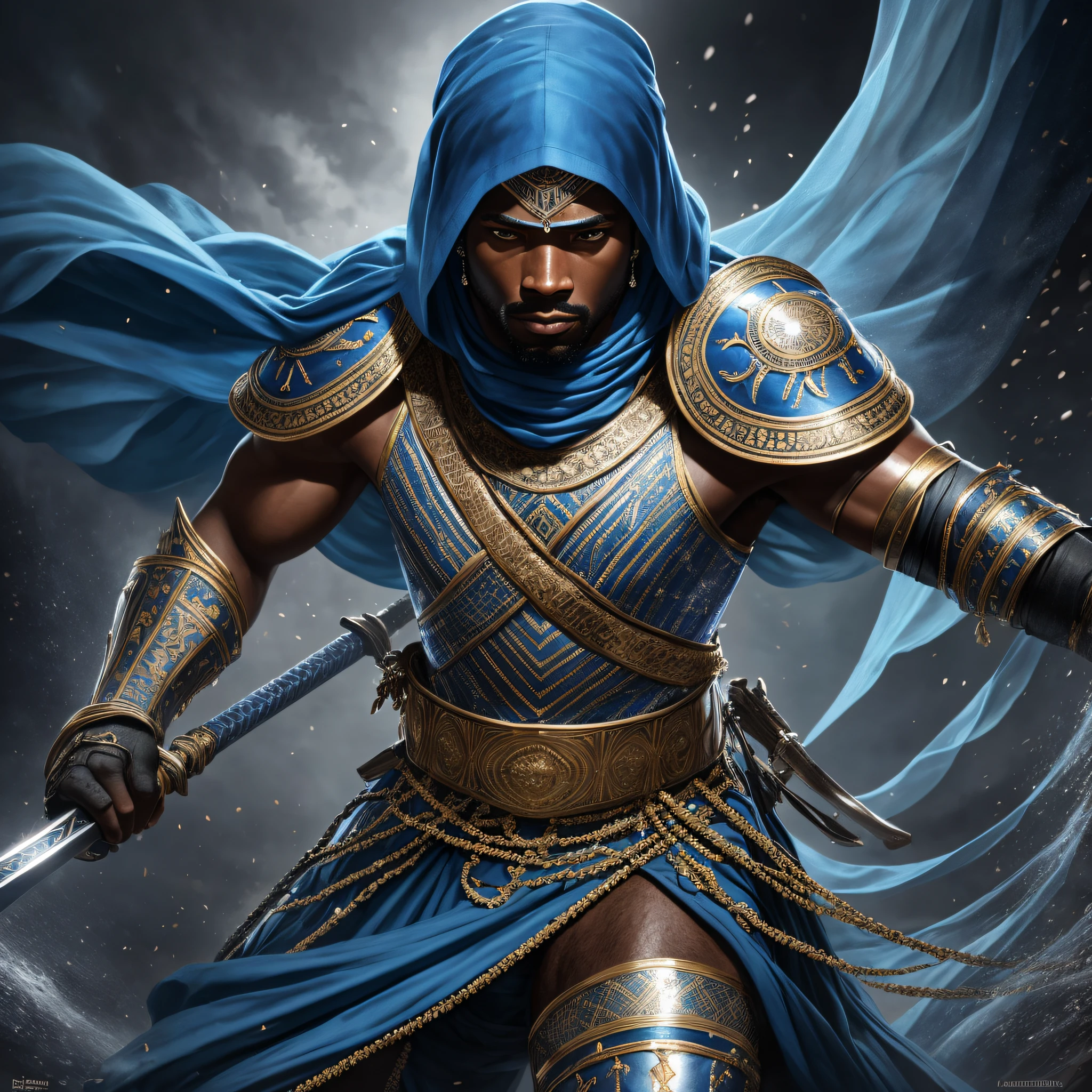 a black man, full body attack positioned, strong yoruba warrior, preparing for battle, blue clothes, leather details, blue Veil covering the eyes, holding sword studded with diamonds and precious stones, realistic raytraicing, dramatic, dramatic lighting, high contrast, highest definition, hyperrealism, hyperrealistic, photorealistic, high resolution, 8k -imagine -upscale -upscale --ar 16:9 --auto --s2