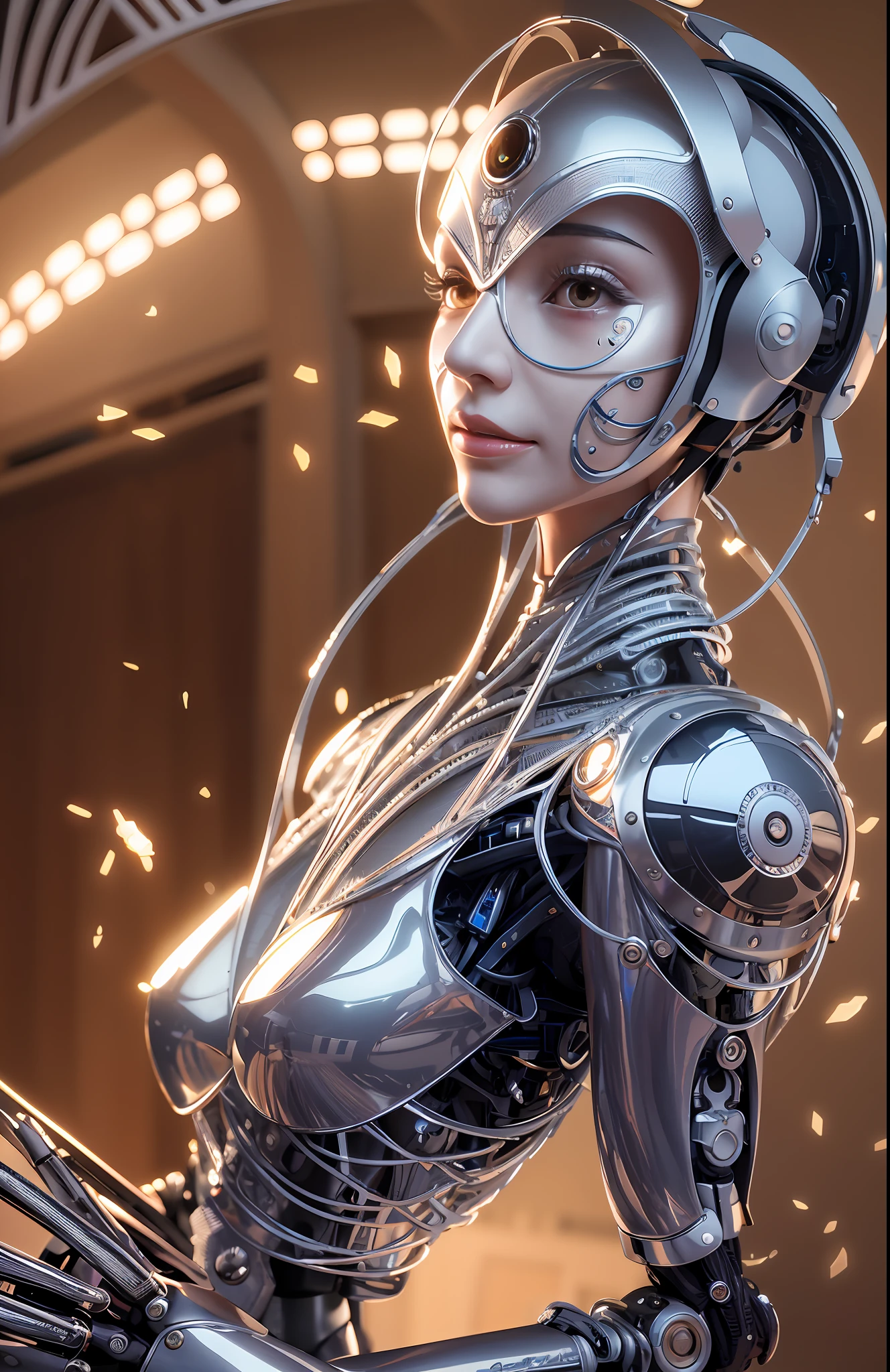 Intricate 3d rendering of highly detailed beautiful ceramic silhouette female robot face, robot, robot part, 150 mm, beautiful studio soft light, rim light, vibrant details, luxurious cyberpunk, lace, surreal, anatomy, facial muscles, cables wires, microchip, elegant, beautiful background, octane rendering, HR Giger style, 8k, best quality, masterpiece, illustration, very delicate and beautiful, very detailed, CG, unity, wallpaper , (fidelity, fidelity: 1.37), amazing, fine detail, masterpiece, best quality, official art, very detailed cg unity 8k wallpaper, absurd, unbelievably absurd, robot, silver helmet, full body, sitting write