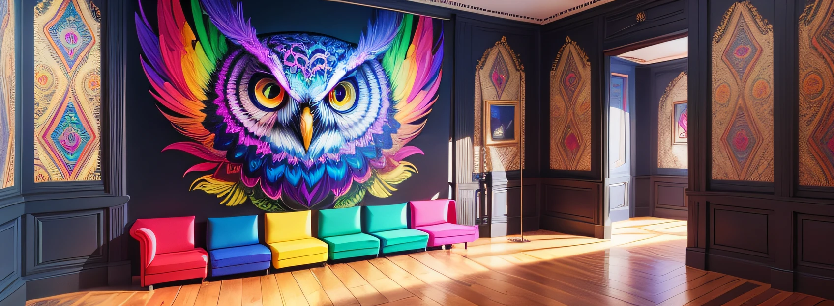 Featuring a captivating and vibrant psychedelic owl painting. The art of the owl is exquisitely designed with vivid colors, intricate patterns and mesmerizing details. The painting is leaning against the back of the room, creating a dynamic and casual display. The combination of the psychedelic art of the owl adds a touch of artistic fascination to any space. --auto --s2