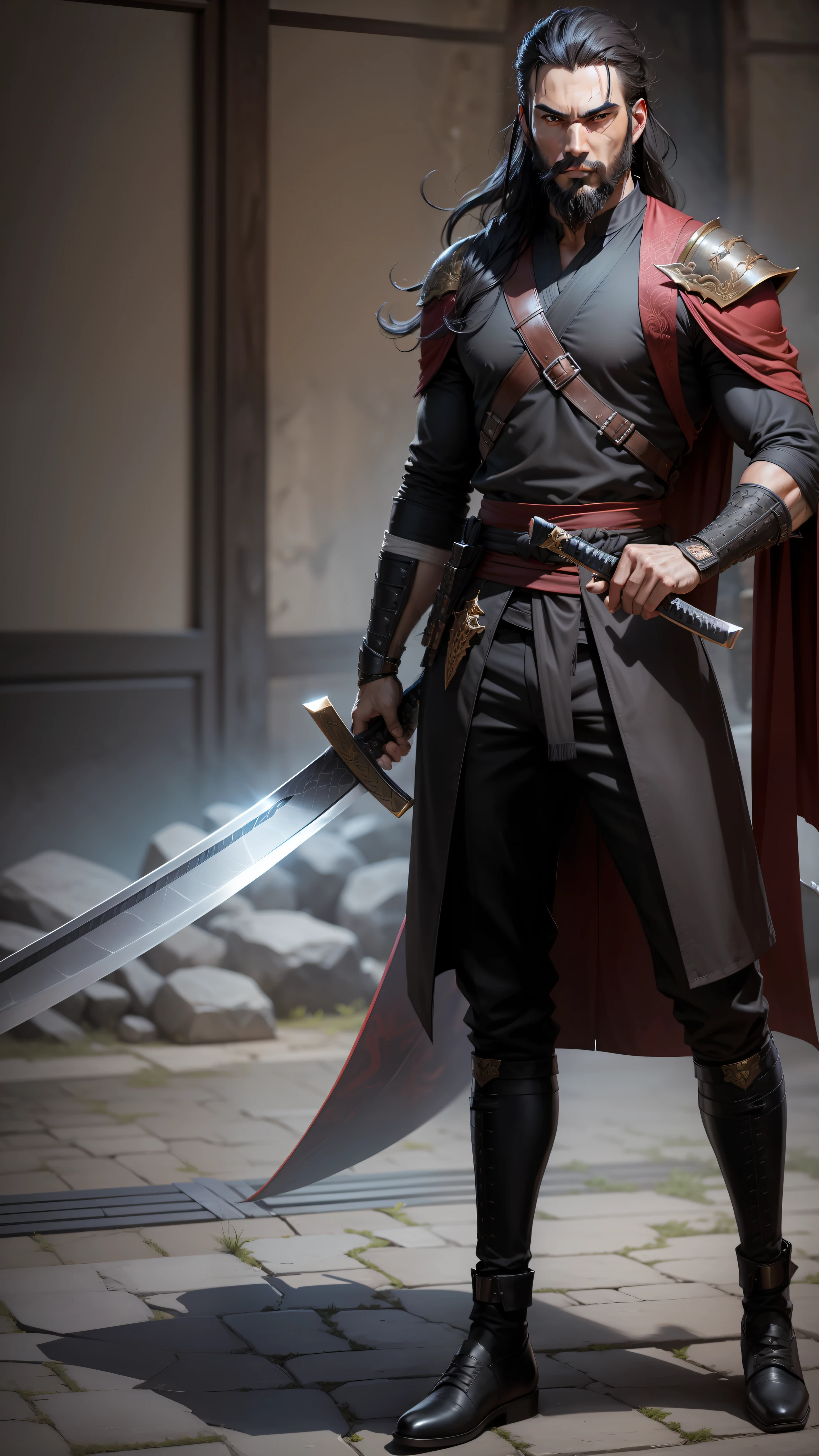 Young, strategist, black hair and beard, katana sword, authority, full hd, detail face, detail clothing, , realistic, evil look, muscular, dragon in background --auto --s2