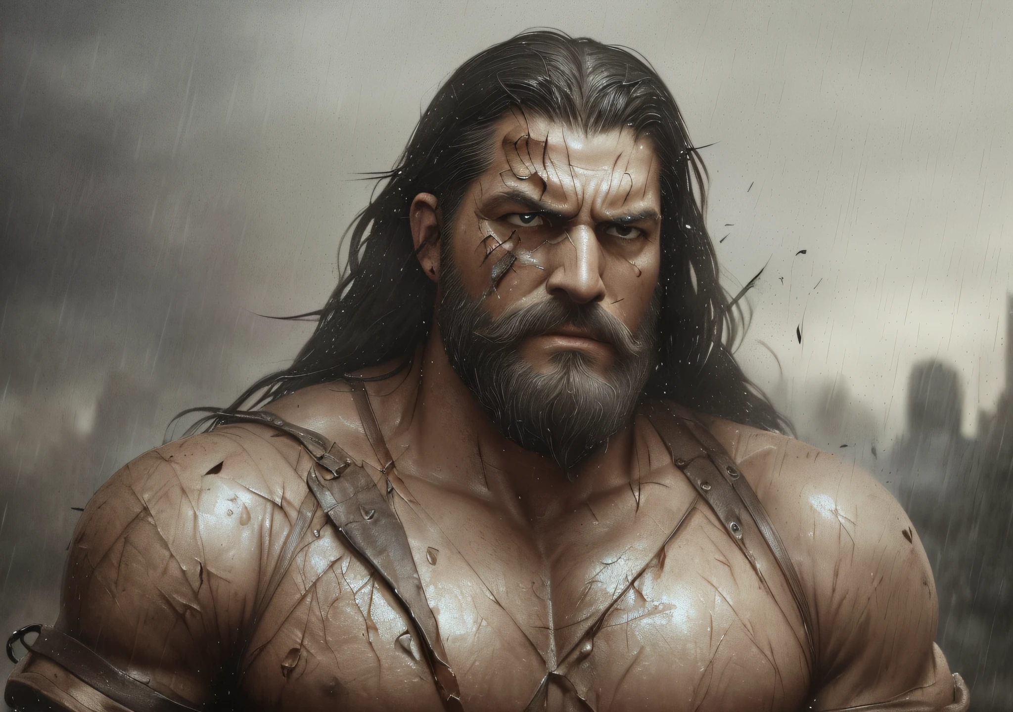 (Cinematic Photo:1.3) from (Ultra detailed:1.3) photo of the world's most beautiful artwork with smooth glossy, (((heroic epic epic fantasy rough wrinkled wet giant man villain goliath, wounded angry look with long black hair and long beard and fierce look in a dynamic posture, holding a spear, garments of centuries before Christ)), chest, Full face,(dark background:1.4) (realistic epic, HDR, intricate details, hyperdetailed, cinematic, rim light, muted: 1.5), ((fantastic location, majestic cluttered environment)), skin pores, very dark lighting, heavy shadows, detailed, detailed face, (realistic photo, dramatic, dark, sharp focus, 8k), (damaged damaged used old leather clothing:1.5), (intricate: 1.4), decadent, (highly detailed: 1.4), octane rendering, sharp focus, heavy rain, floating particles,(by artist Greg Rutkowski:1.3),Highly detailed,(Kinemacolor:1.3) --auto --s2