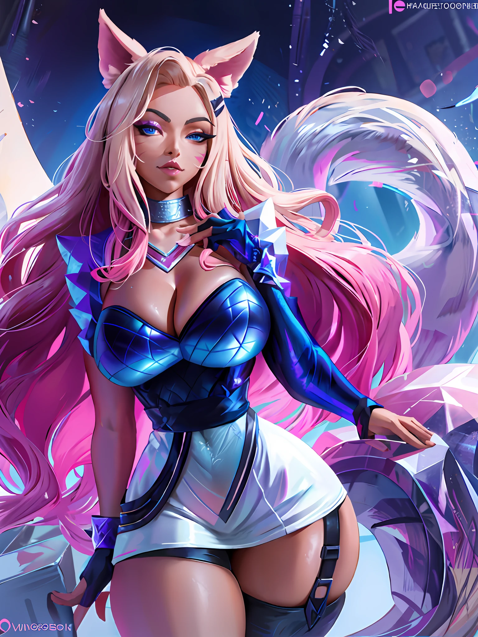 recording studio, high detailed, 8k, highres, (k/da all out ahri), ahri \(League of Legends\), League of Legends, 1girl, k/da (League of Legends), animal ears, solo, fox tails, kitsune, fox ears, long hair, blonde hair, hands on the chest, blue eyes, idol, face mark, looking at the viewer, gloves, pink hair, fingerless gloves, mustache markings, (giant breasts:1.75),  makeup, lips, skirt, hair ornament