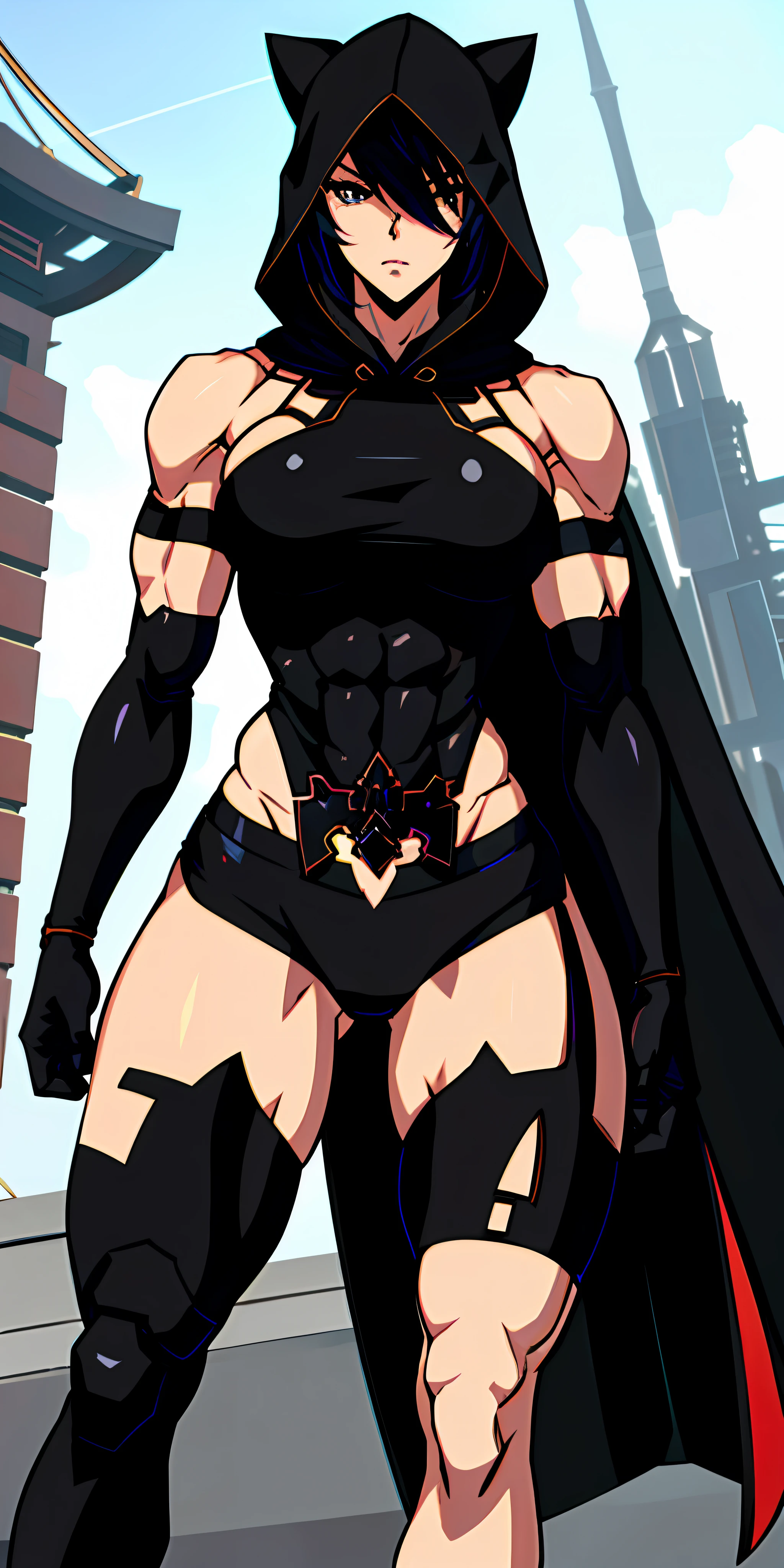 anime waifu bodybuilder, cute face, serious face, perfect body, fit body, abdomen, large breasts, muscular, A2 of nier automata, ninja outfit, with black cape and hood